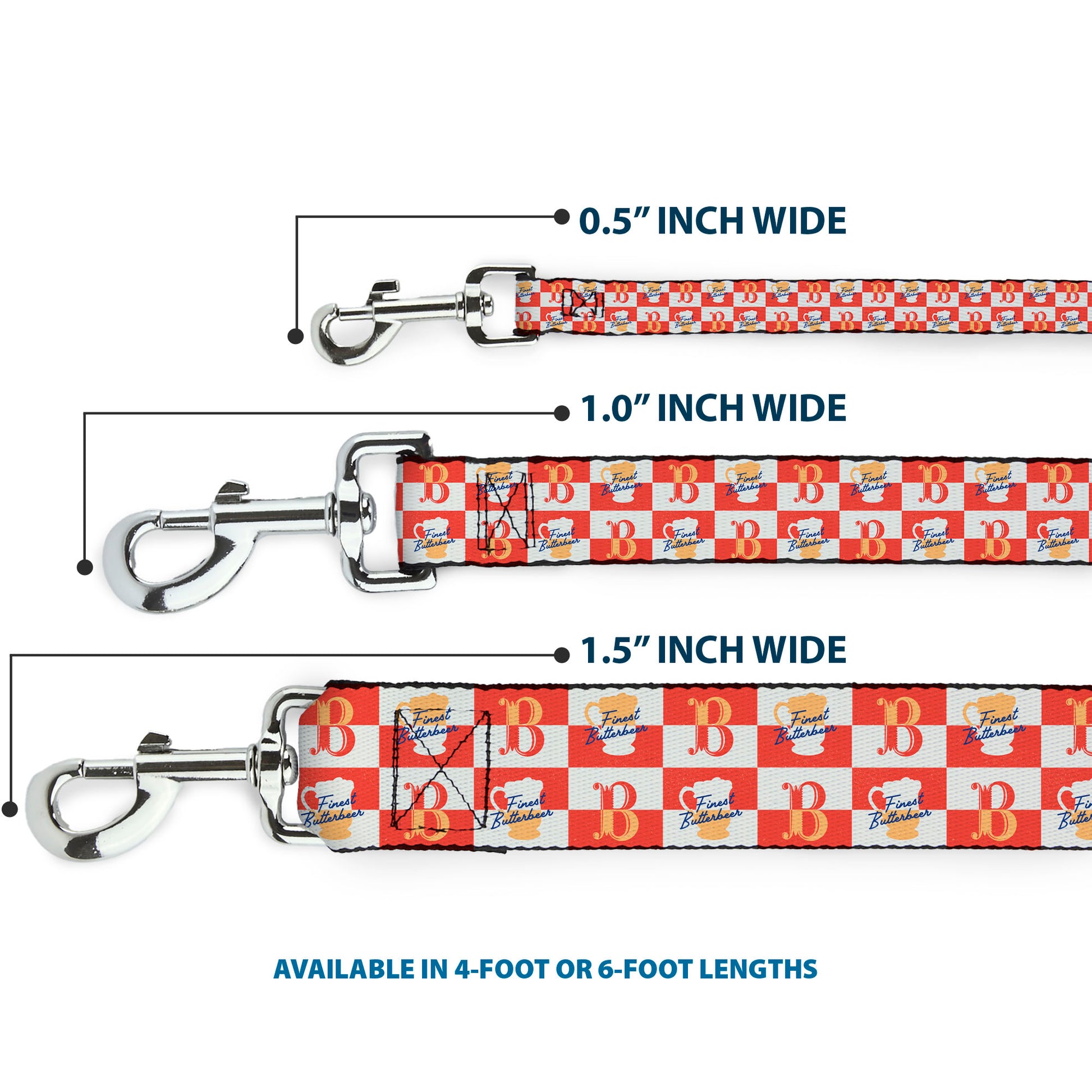 Dog Leash - HARRY POTTER FINEST BUTTERBEER Logo and Mug Checker Red/White/Yellow Dog Leashes Harry Potter