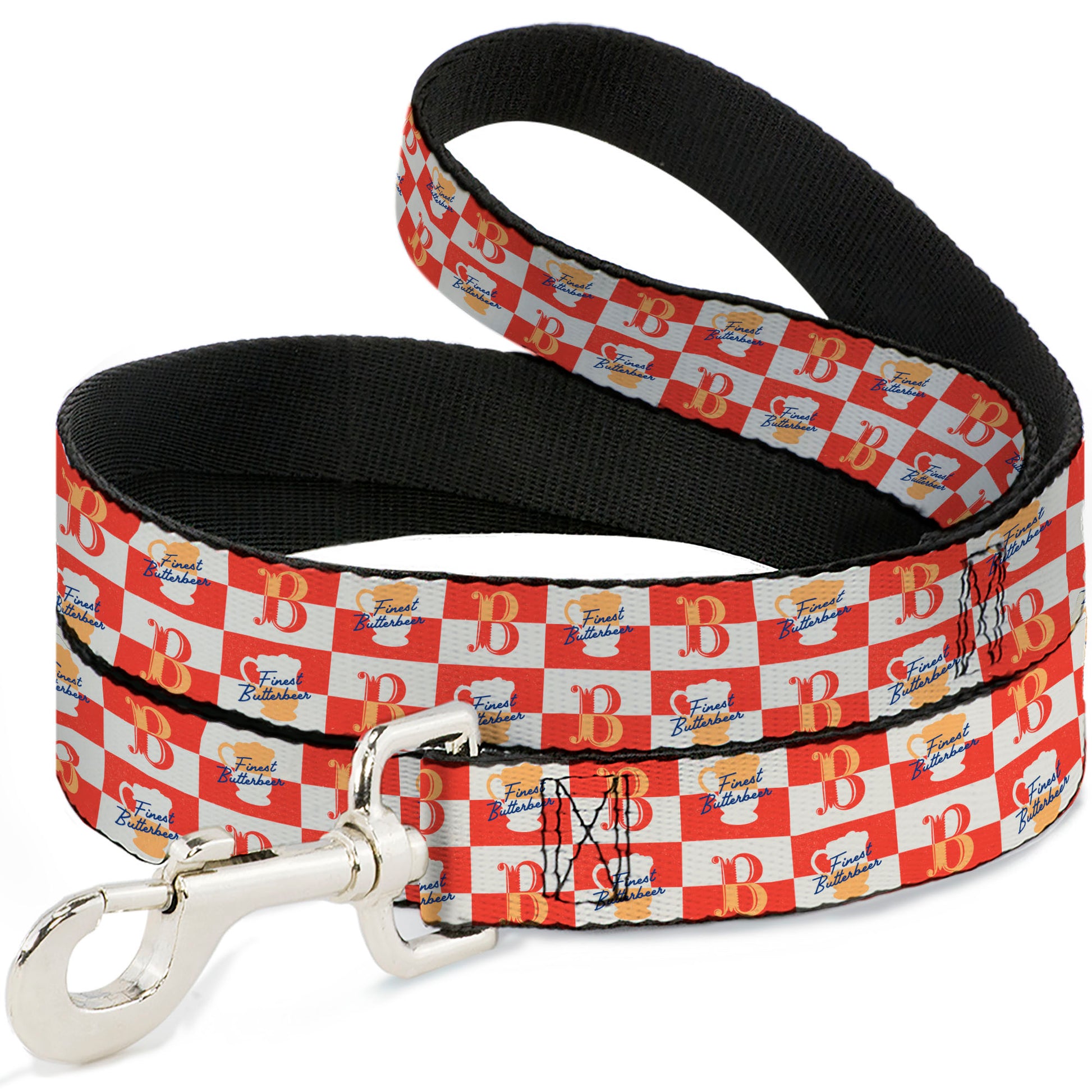 Dog Leash - HARRY POTTER FINEST BUTTERBEER Logo and Mug Checker Red/White/Yellow Dog Leashes Harry Potter