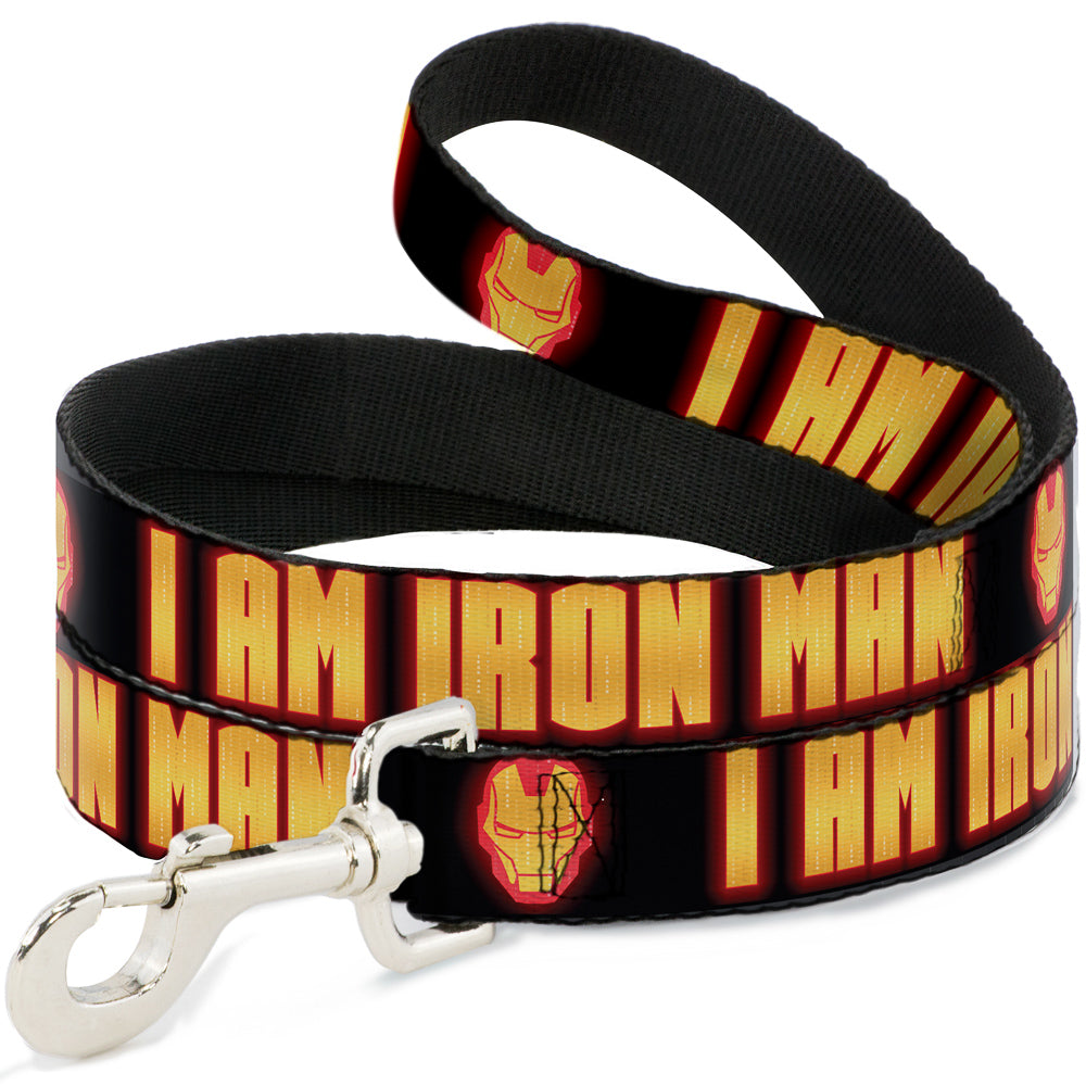 Dog Leash - Iron Man Face/I AM IRON MAN Black/Yellow Glow Dog Leashes Marvel Comics
