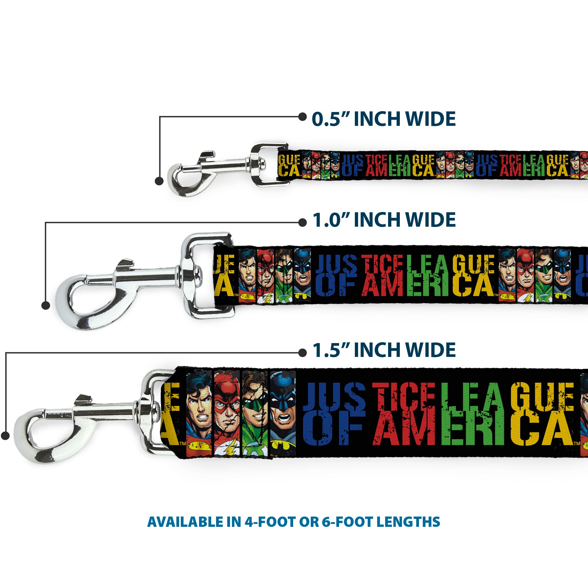 Dog Leash - JUSTICE LEAGUE OF AMERICA w/Superhero Blocks Black/Multi Color Dog Leashes DC Comics