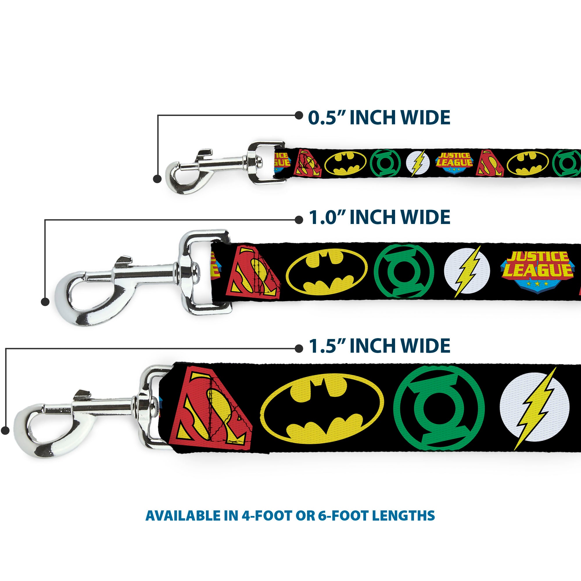 Dog Leash - Justice League Superhero Logos CLOSE-UP Black Dog Leashes DC Comics