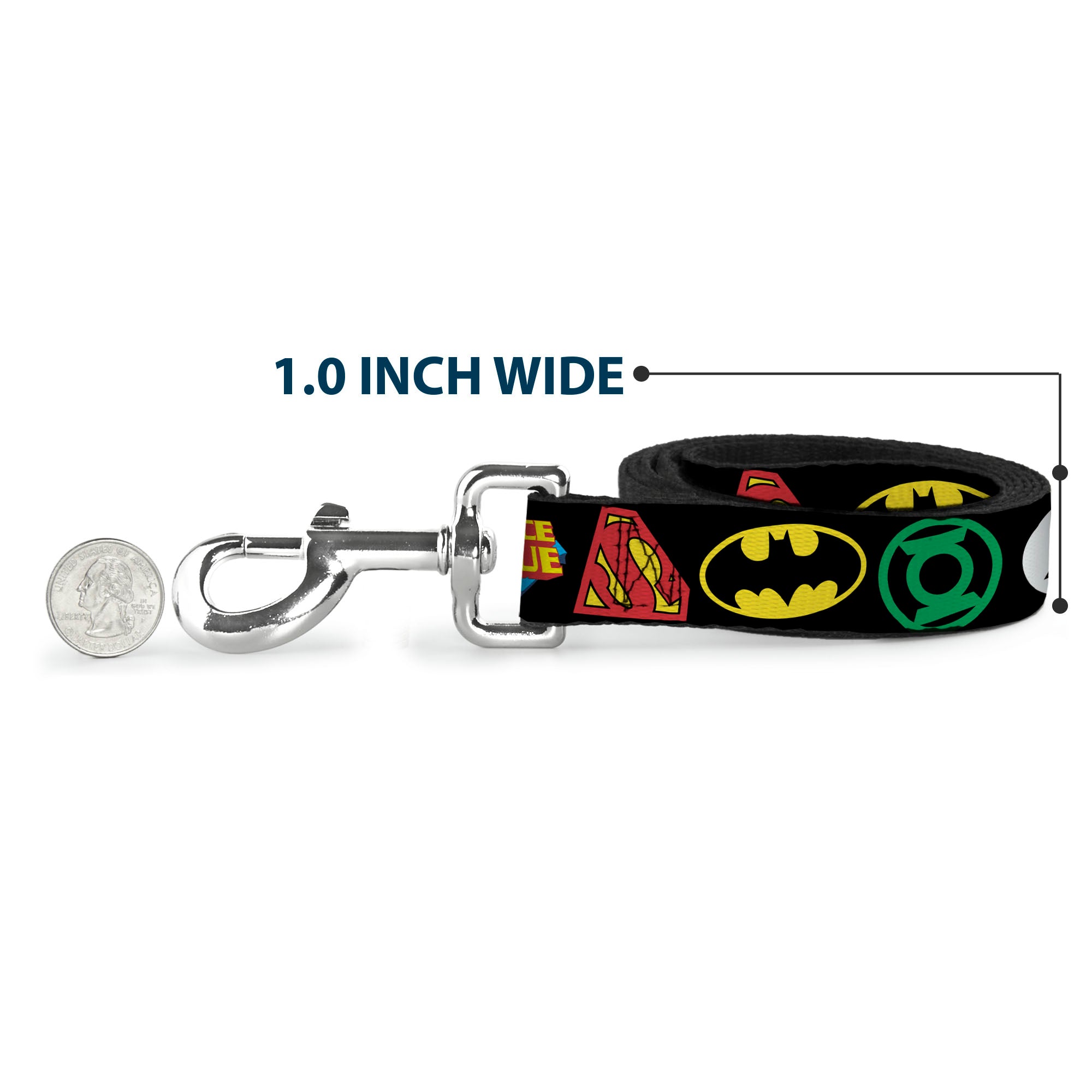 Dog Leash - Justice League Superhero Logos CLOSE-UP Black Dog Leashes DC Comics
