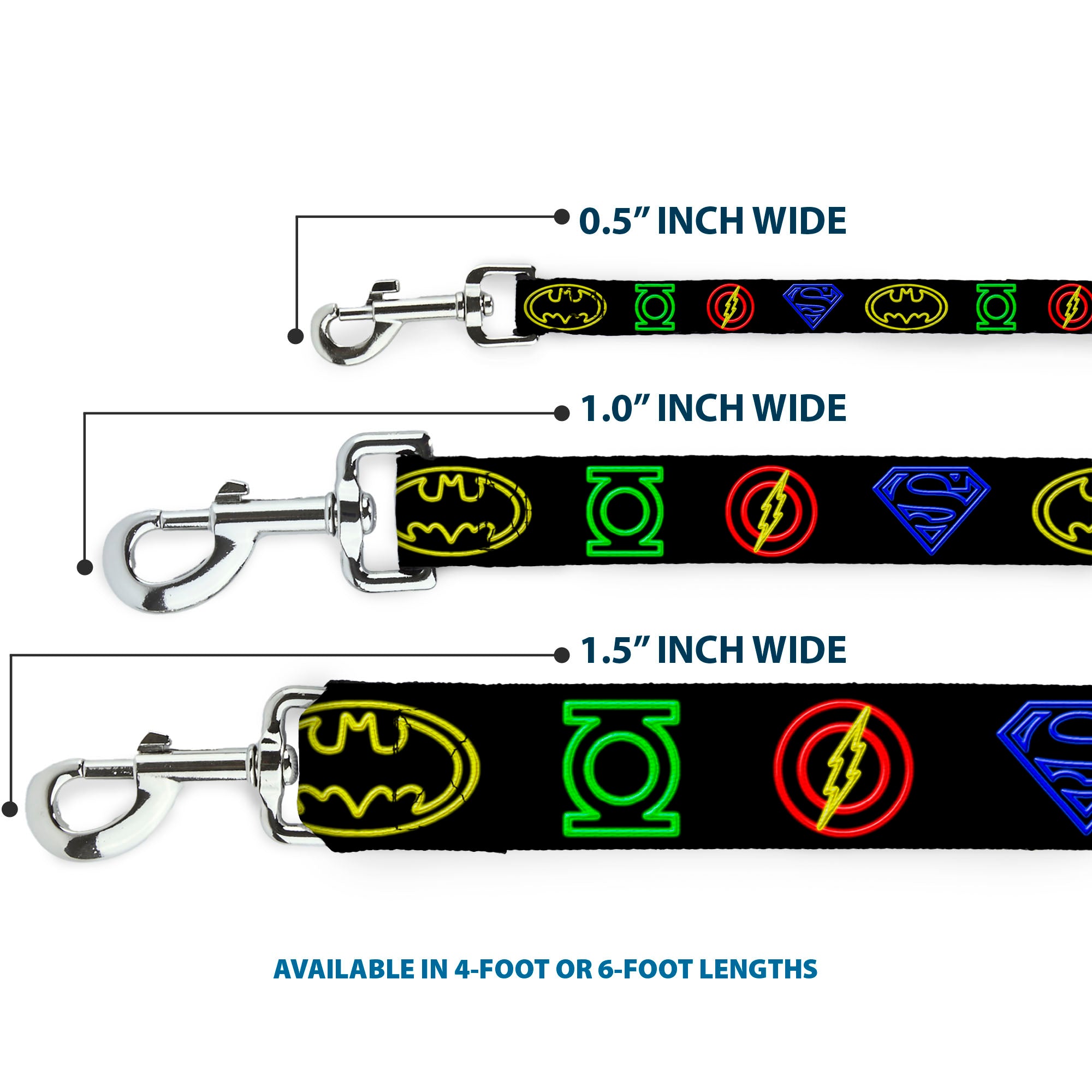 Dog Leash - Justice League Electric Logos Black/Multi Neon Dog Leashes DC Comics