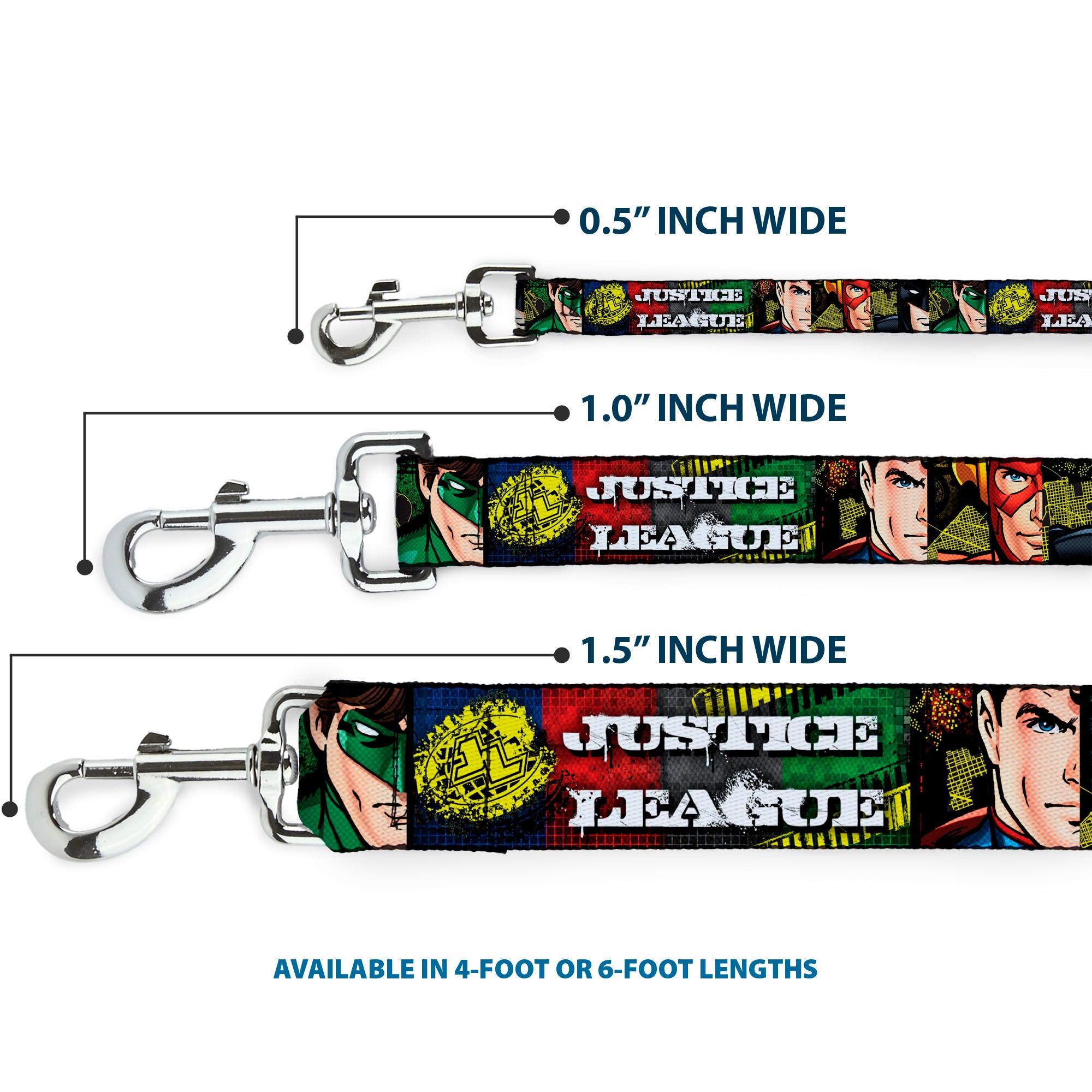 Dog Leash - JUSTICE LEAGUE Logo/4-Superhero Panels Pop Art Dog Leashes DC Comics