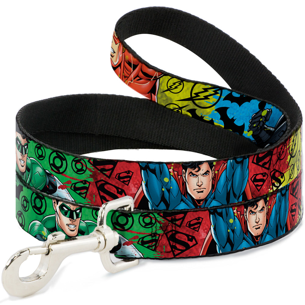 Dog Leash - Justice League New 52 4-Superhero Poses/Scattered Logos Multi Color/Black Dog Leashes DC Comics