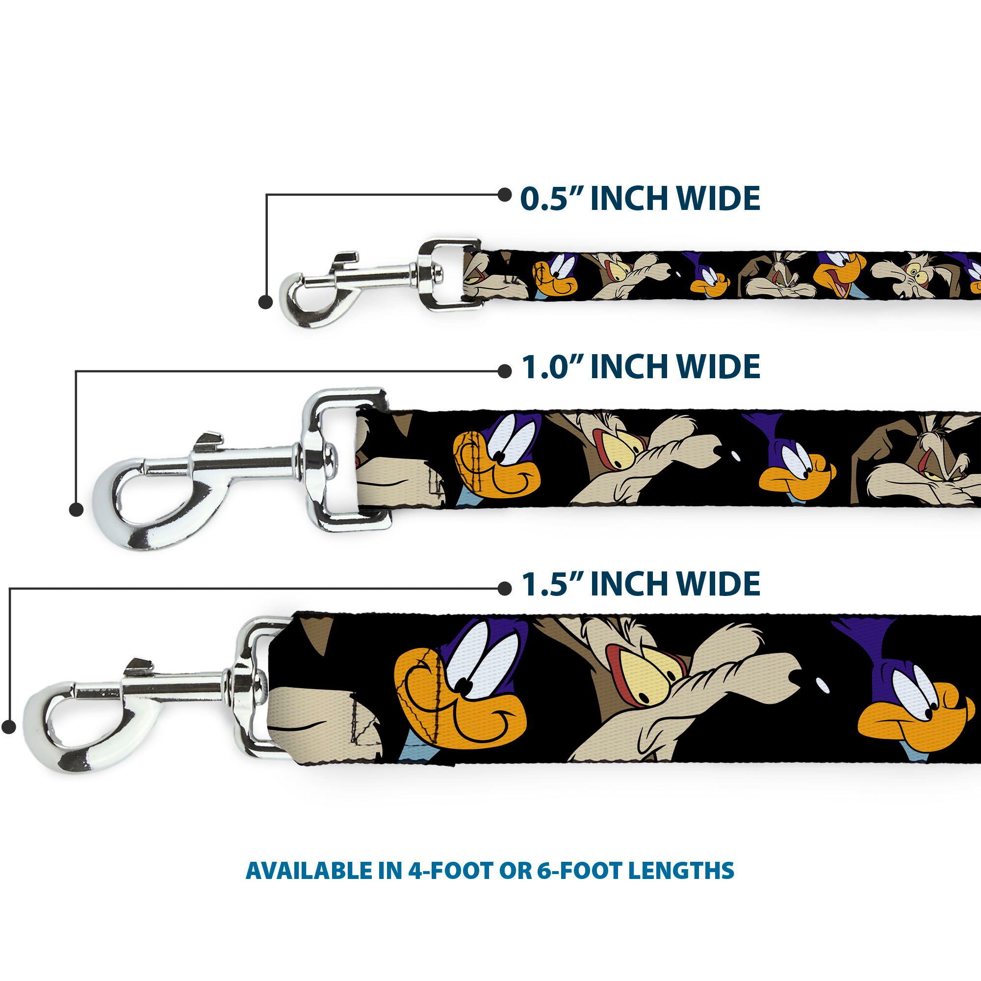 Dog Leash - Road Runner/Wile E. Coyote Expressions CLOSE-UP Black Dog Leashes Looney Tunes