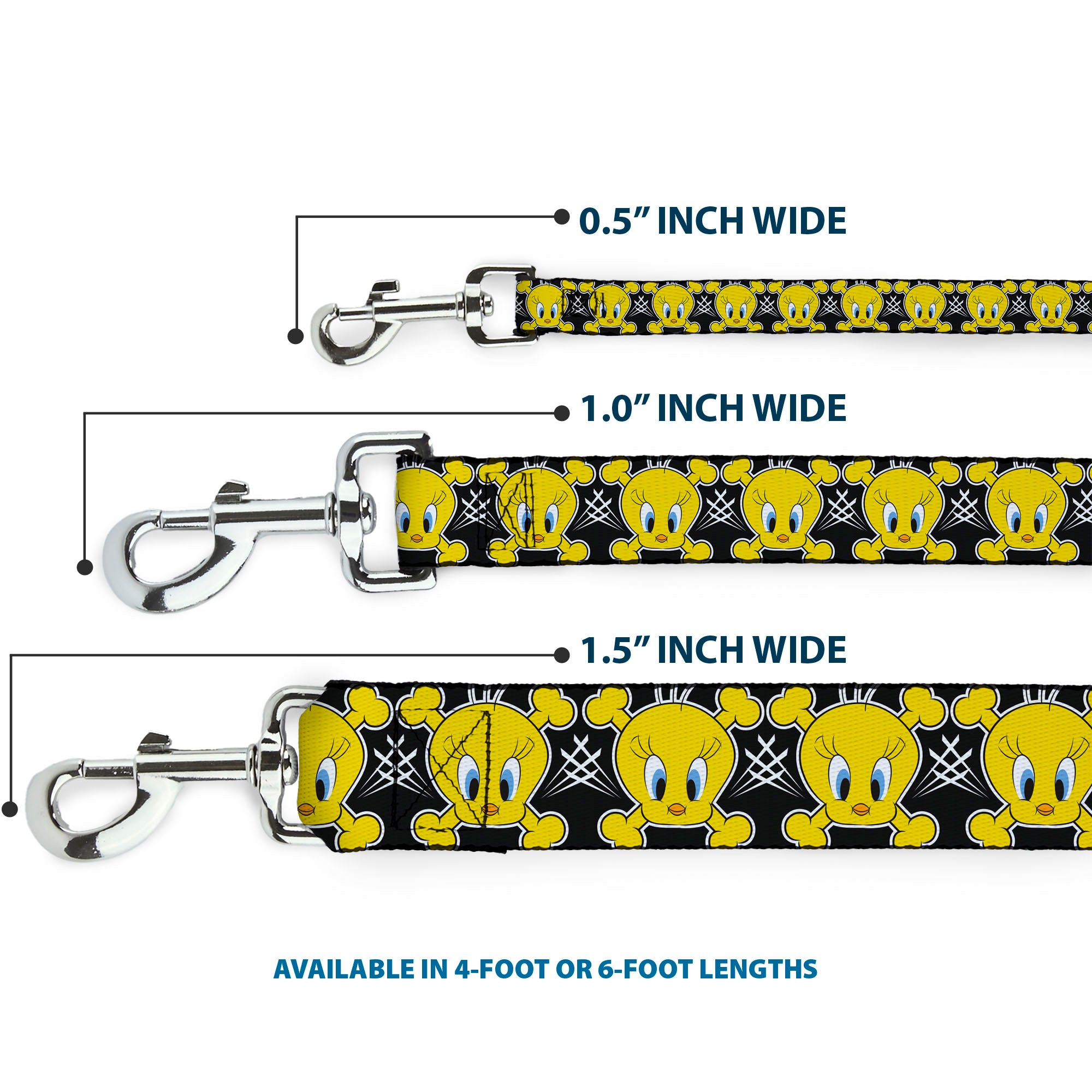 Dog Leash - Tweety Bird & Crossbones Black/White/Yellow Dog Leashes Looney Tunes