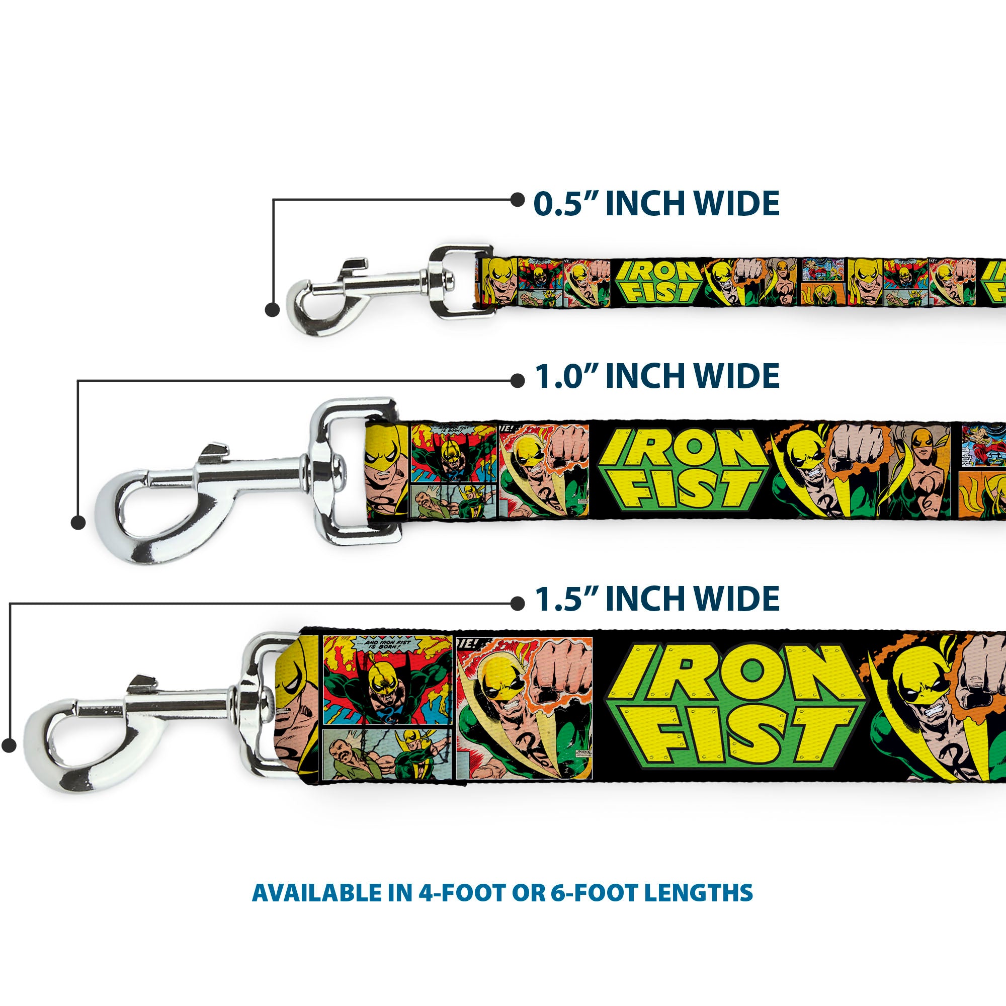 Dog Leash - Retro IRON FIST Action Pose/Comic Scene Blocks Black/Green/Yellow Dog Leashes Marvel Comics
