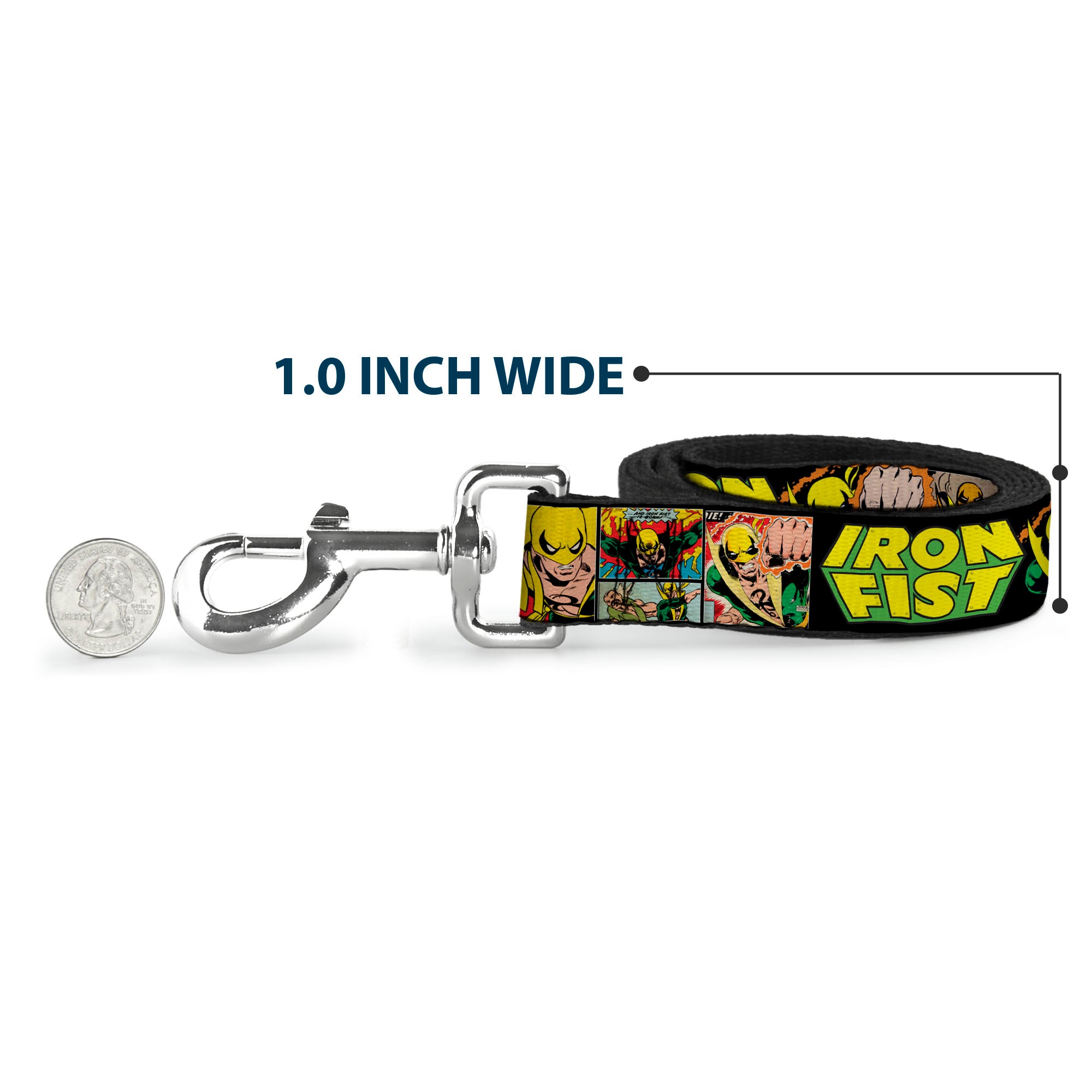 Dog Leash - Retro IRON FIST Action Pose/Comic Scene Blocks Black/Green/Yellow Dog Leashes Marvel Comics