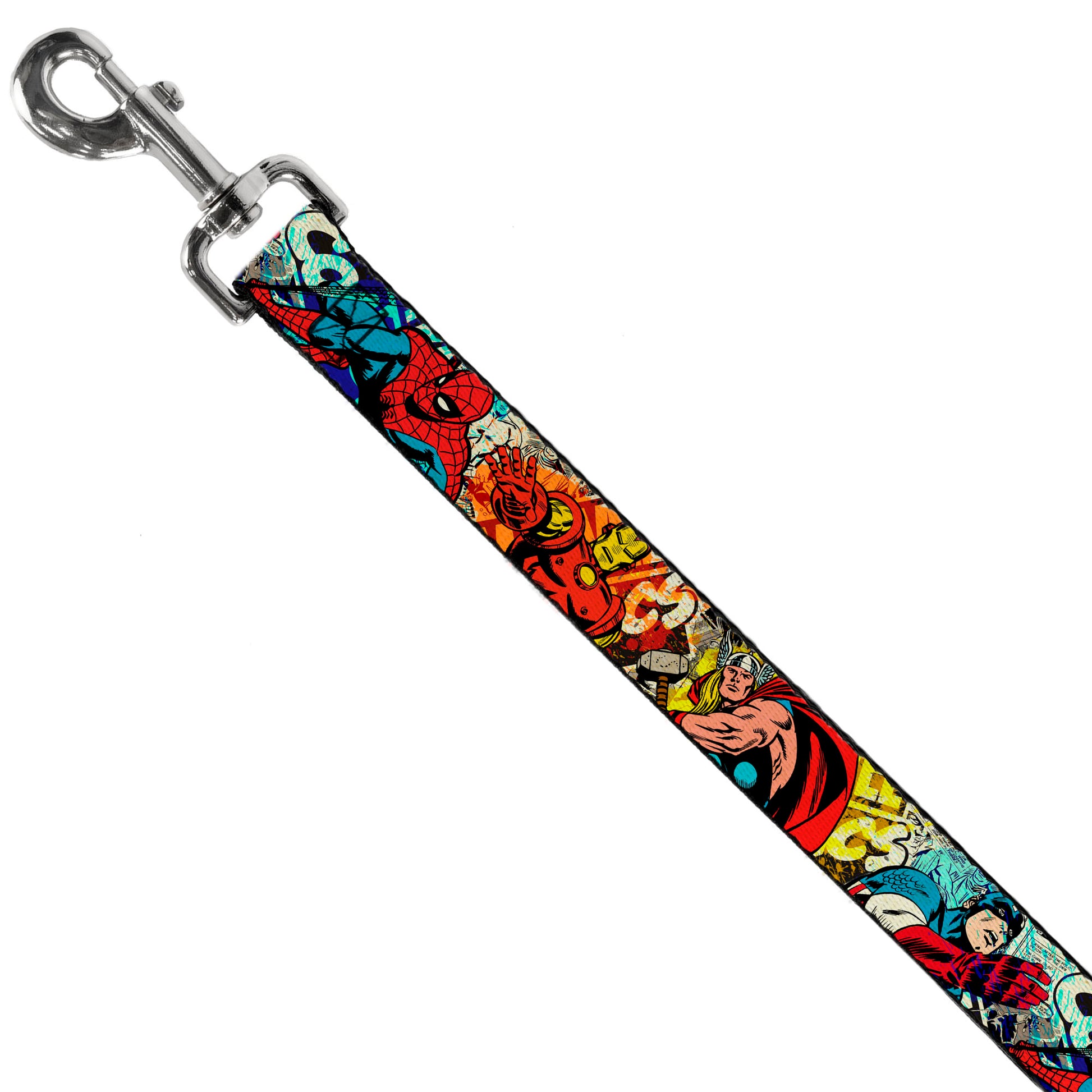 Dog Leash - 4-Superhero Action Poses/Comic Scenes White/Black/Full Color Splatter Dog Leashes Marvel Comics