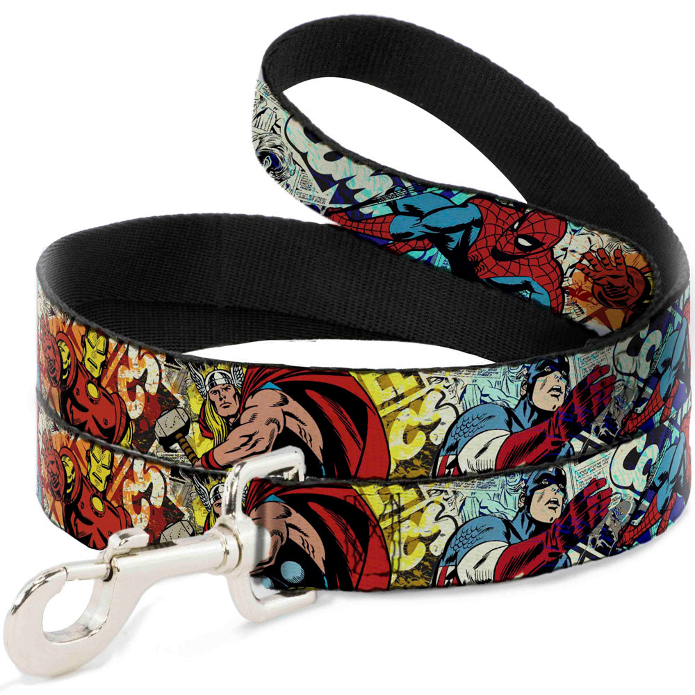 Dog Leash - 4-Superhero Action Poses/Comic Scenes White/Black/Full Color Splatter Dog Leashes Marvel Comics