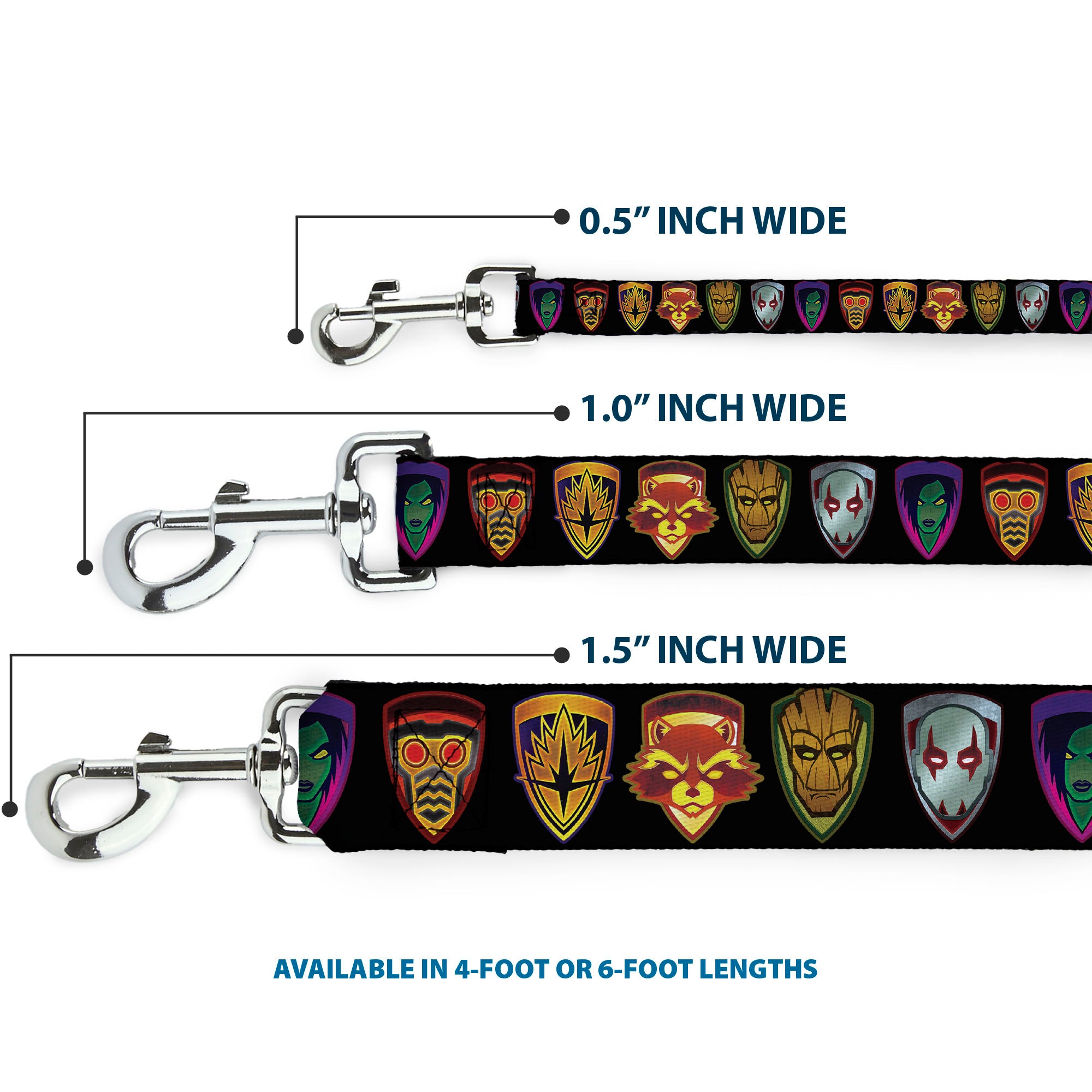 Dog Leash - Guardians of the Galaxy Badge/5-Character Icons Black/Multi Color Dog Leashes Marvel Comics