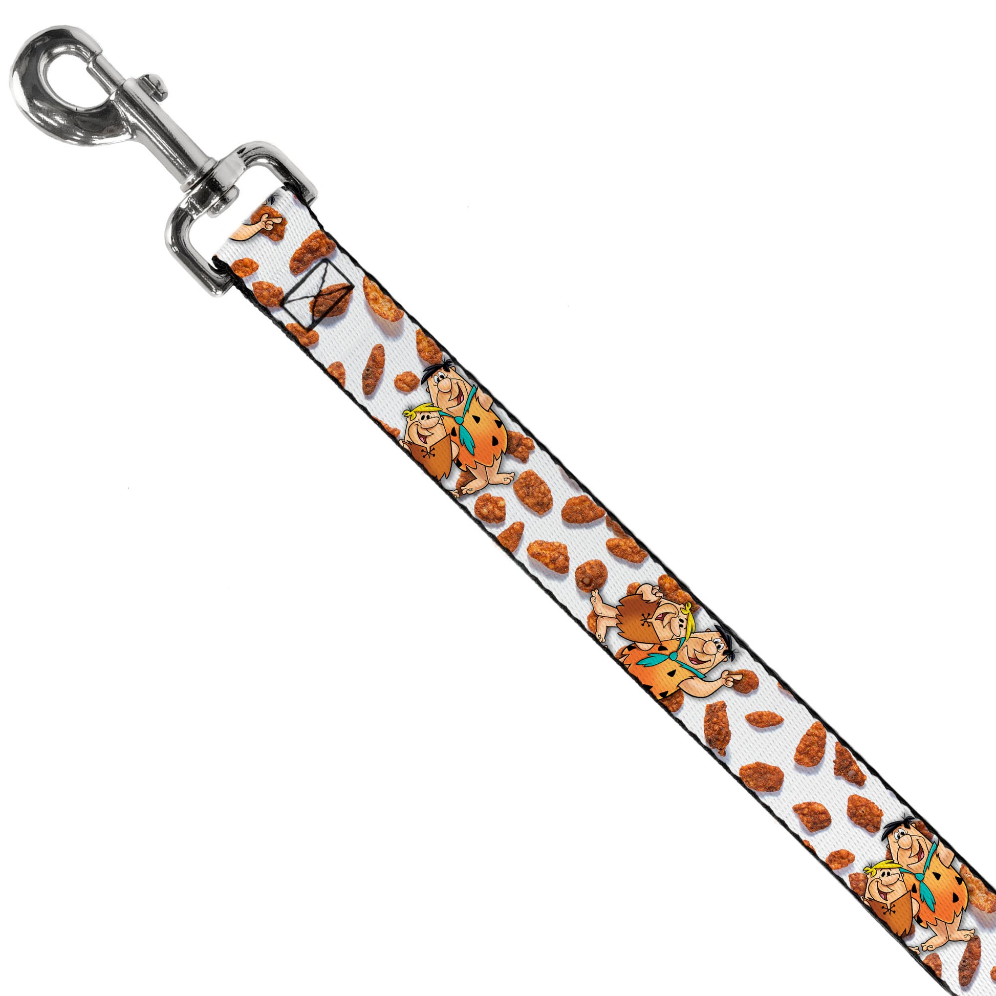 Dog Leash - Cocoa Pebbles Fred Flintstone and Barney Rubble Hugging Pose and Cereal Pebbles Scattered White/Browns Dog Leashes The Flintstones