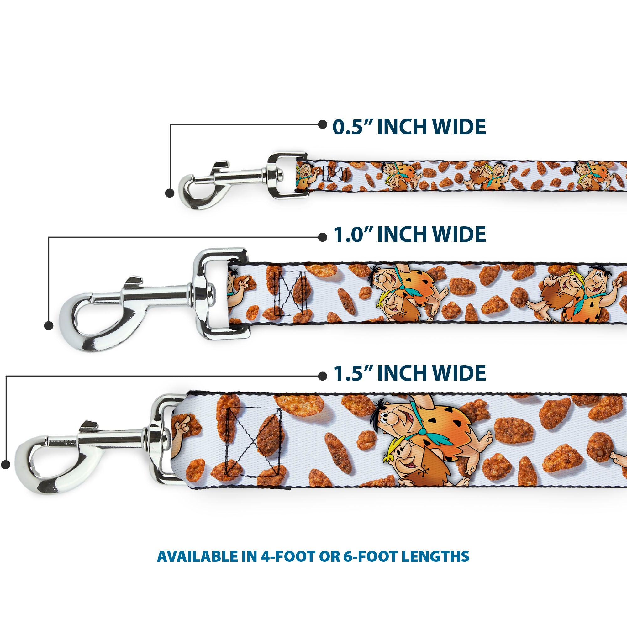 Dog Leash - Cocoa Pebbles Fred Flintstone and Barney Rubble Hugging Pose and Cereal Pebbles Scattered White/Browns Dog Leashes The Flintstones