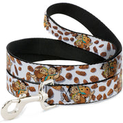 Dog Leash - Cocoa Pebbles Fred Flintstone and Barney Rubble Hugging Pose and Cereal Pebbles Scattered White/Browns Dog Leashes The Flintstones