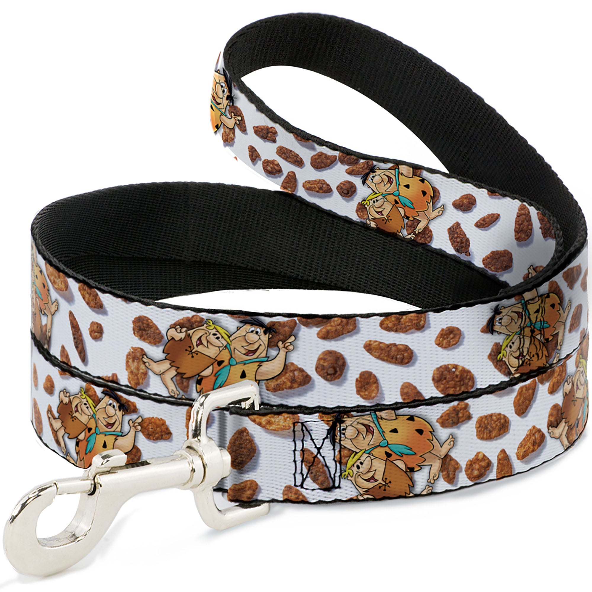 Dog Leash - Cocoa Pebbles Fred Flintstone and Barney Rubble Hugging Pose and Cereal Pebbles Scattered White/Browns Dog Leashes The Flintstones