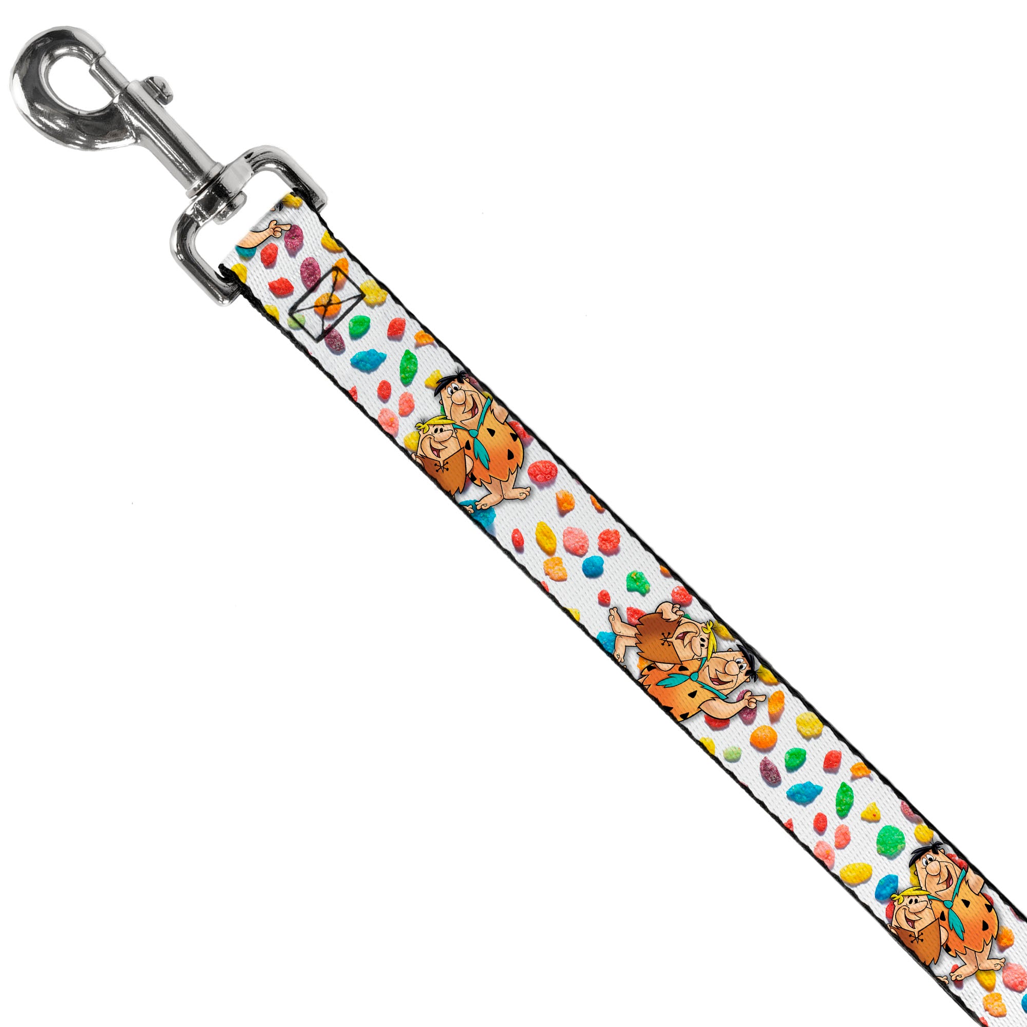 Dog Leash - Fruity Pebbles Fred Flintstone and Barney Rubble Hugging Pose and Cereal Pebbles Scattered White/Multi Color Dog Leashes The Flintstones