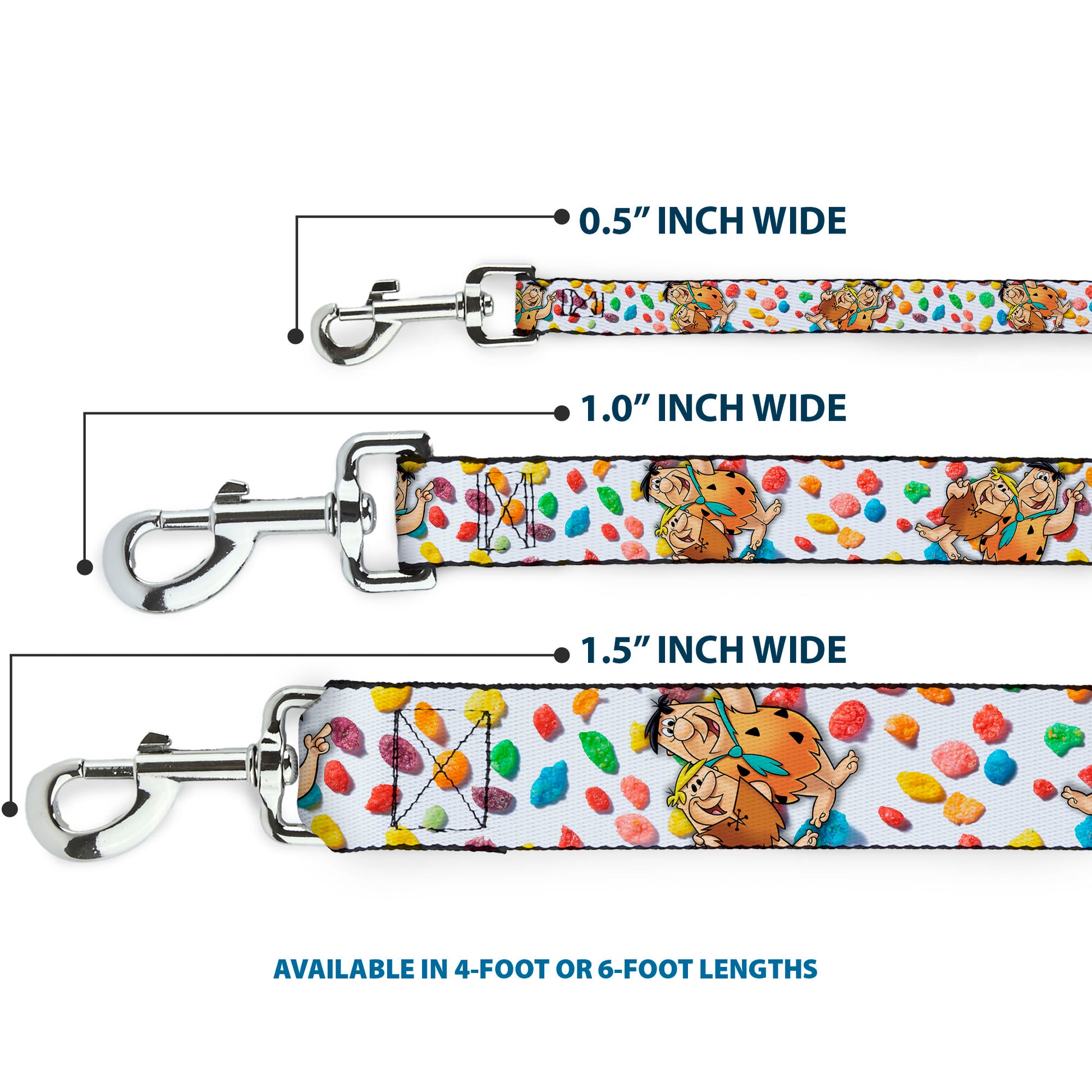 Dog Leash - Fruity Pebbles Fred Flintstone and Barney Rubble Hugging Pose and Cereal Pebbles Scattered White/Multi Color Dog Leashes The Flintstones