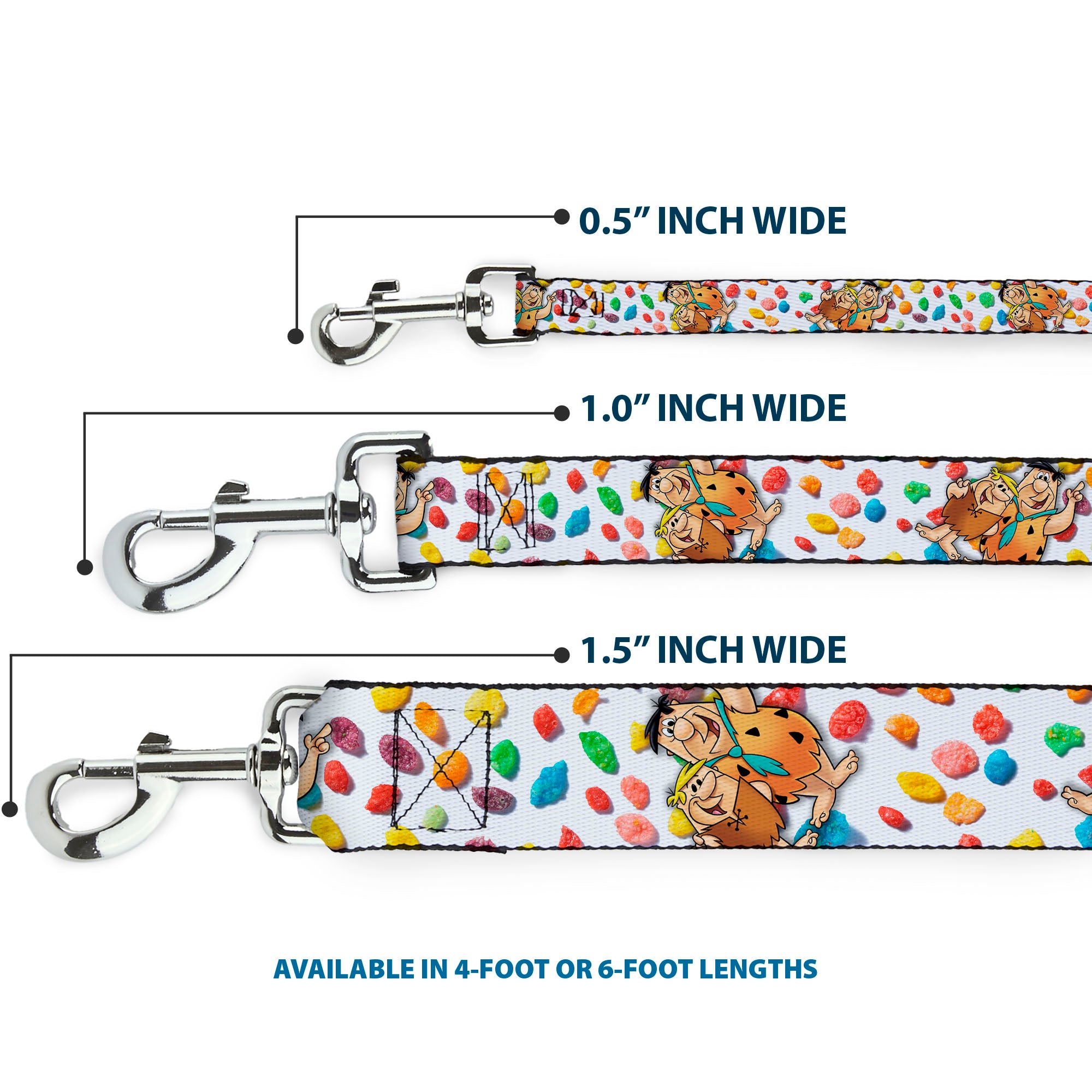 Dog Leash - Fruity Pebbles Fred Flintstone and Barney Rubble Hugging Pose and Cereal Pebbles Scattered White/Multi Color Dog Leashes The Flintstones