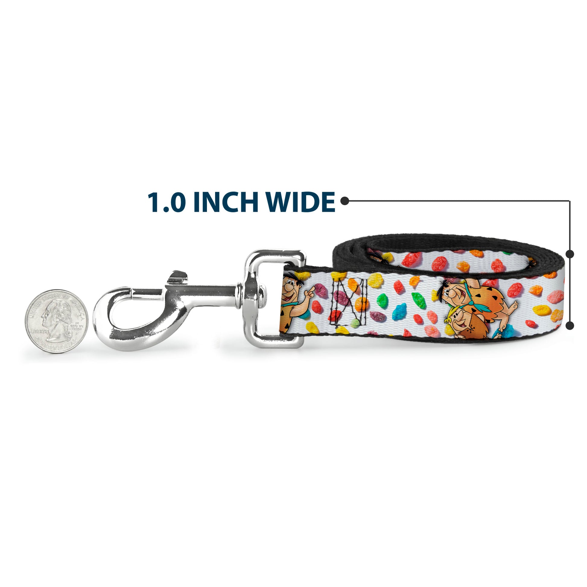 Dog Leash - Fruity Pebbles Fred Flintstone and Barney Rubble Hugging Pose and Cereal Pebbles Scattered White/Multi Color Dog Leashes The Flintstones