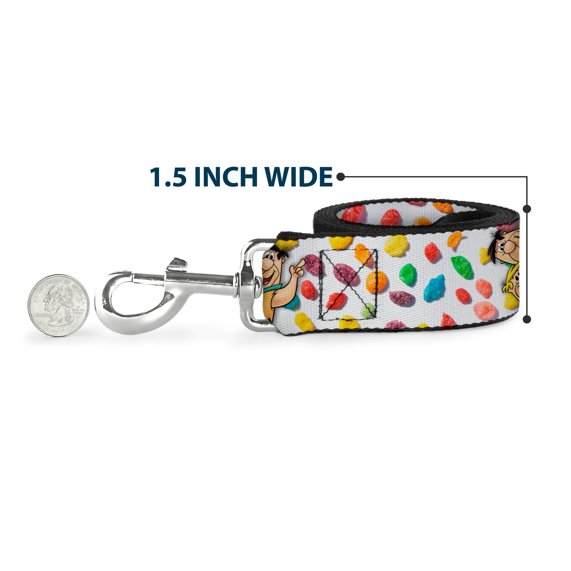 Dog Leash - Fruity Pebbles Fred Flintstone and Barney Rubble Hugging Pose and Cereal Pebbles Scattered White/Multi Color Dog Leashes The Flintstones