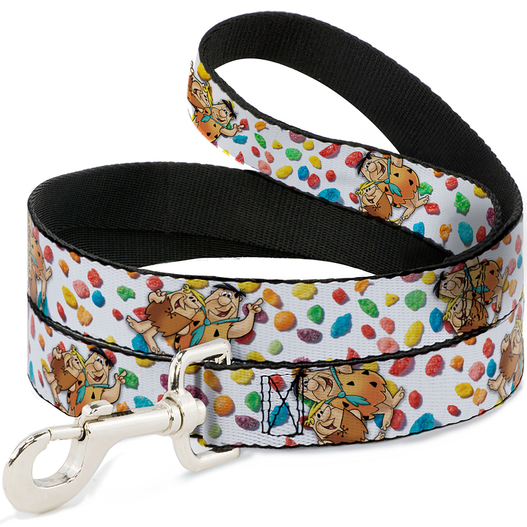 Dog Leash - Fruity Pebbles Fred Flintstone and Barney Rubble Hugging Pose and Cereal Pebbles Scattered White/Multi Color Dog Leashes The Flintstones