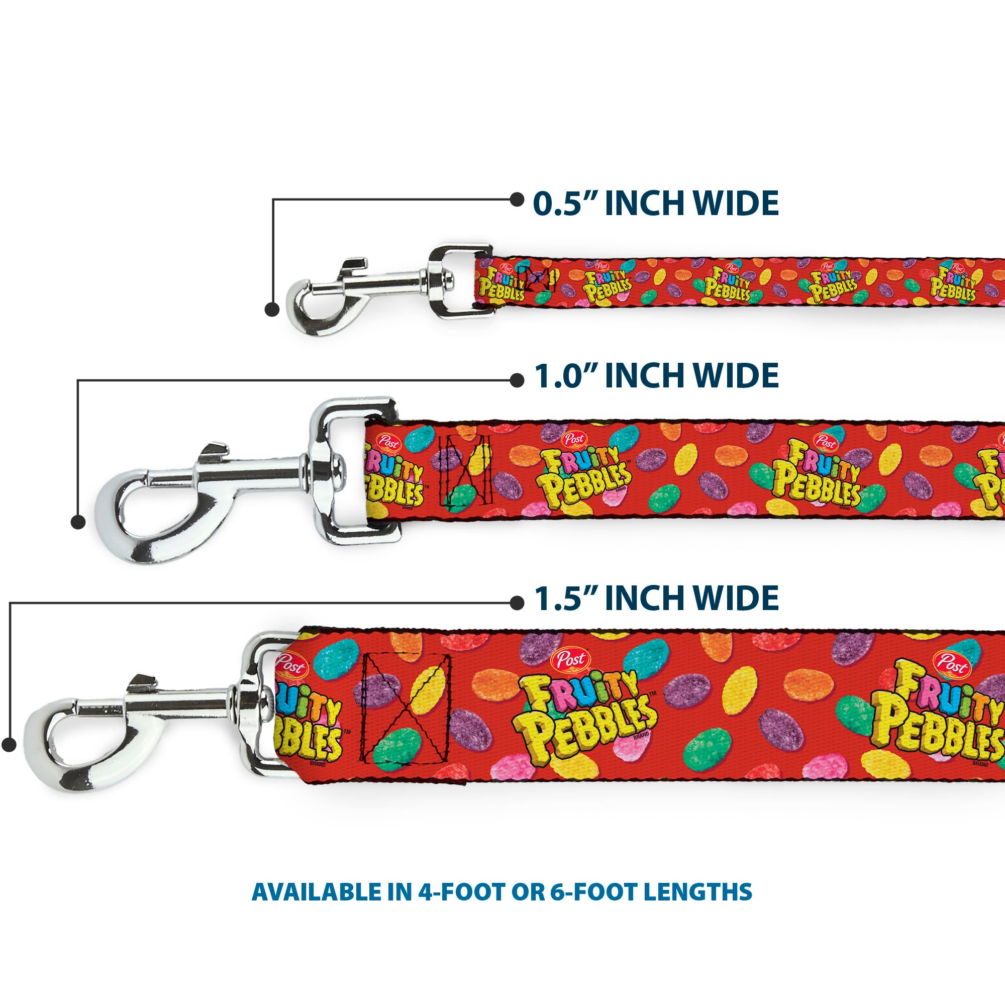 Dog Leash - POST FRUITY PEBBLES Logo and Cereal Pebbles Scattered Red/Multi Color Dog Leashes The Flintstones