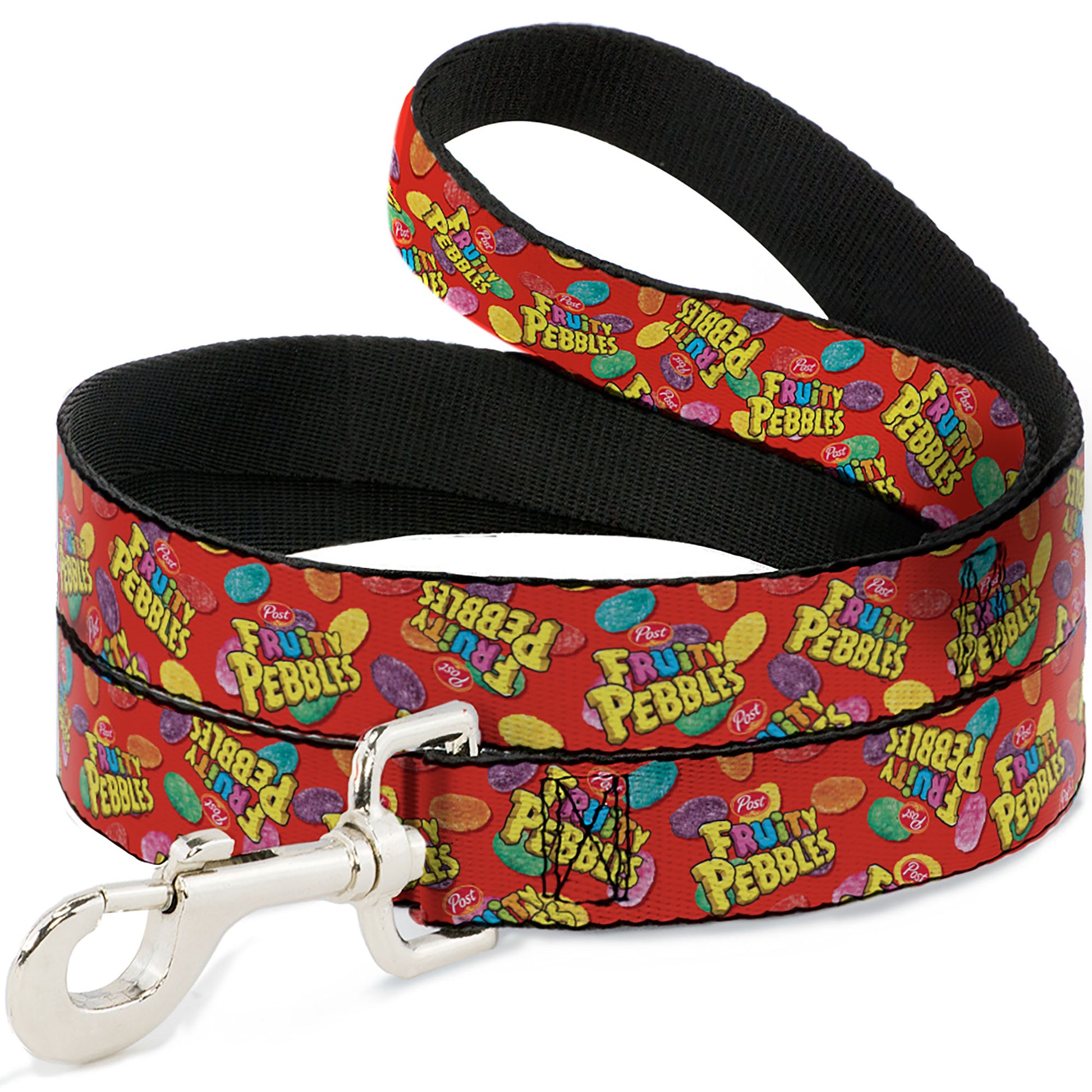 Dog Leash - POST FRUITY PEBBLES Logo and Cereal Pebbles Scattered Red/Multi Color Dog Leashes The Flintstones