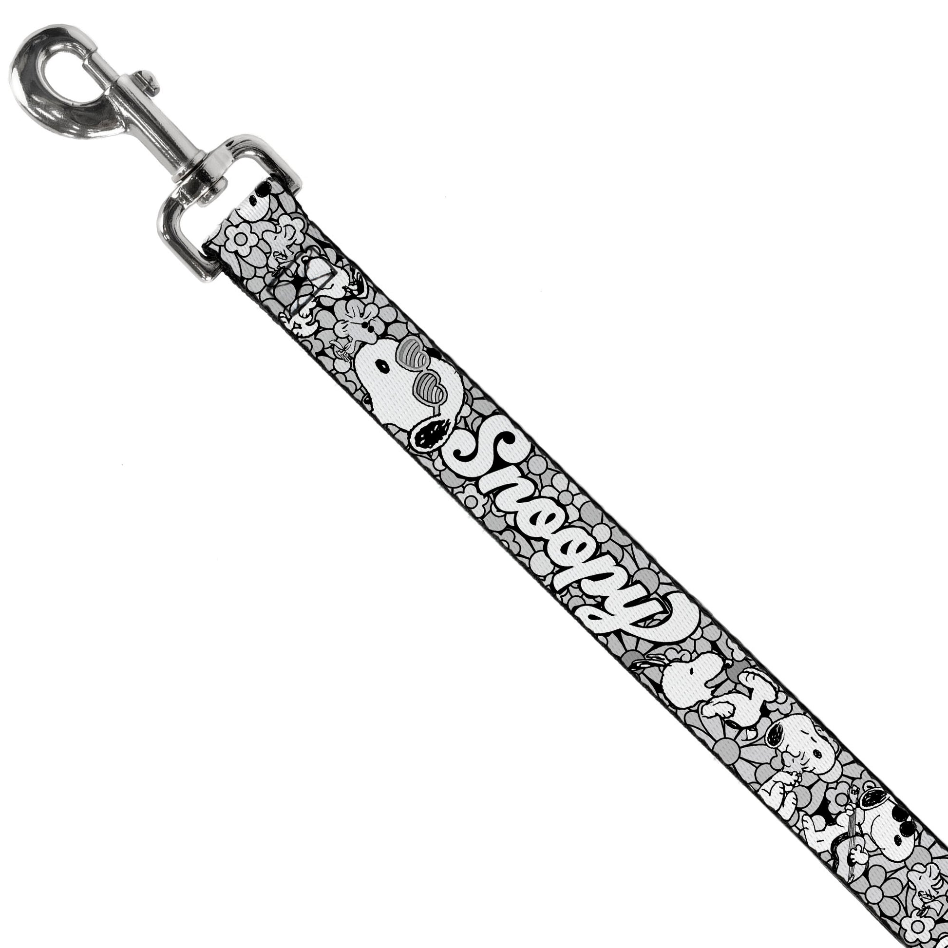Dog Leash - SNOOPY Poses and Daisy Flowers Collage Black/Grays/White Dog Leashes Peanuts