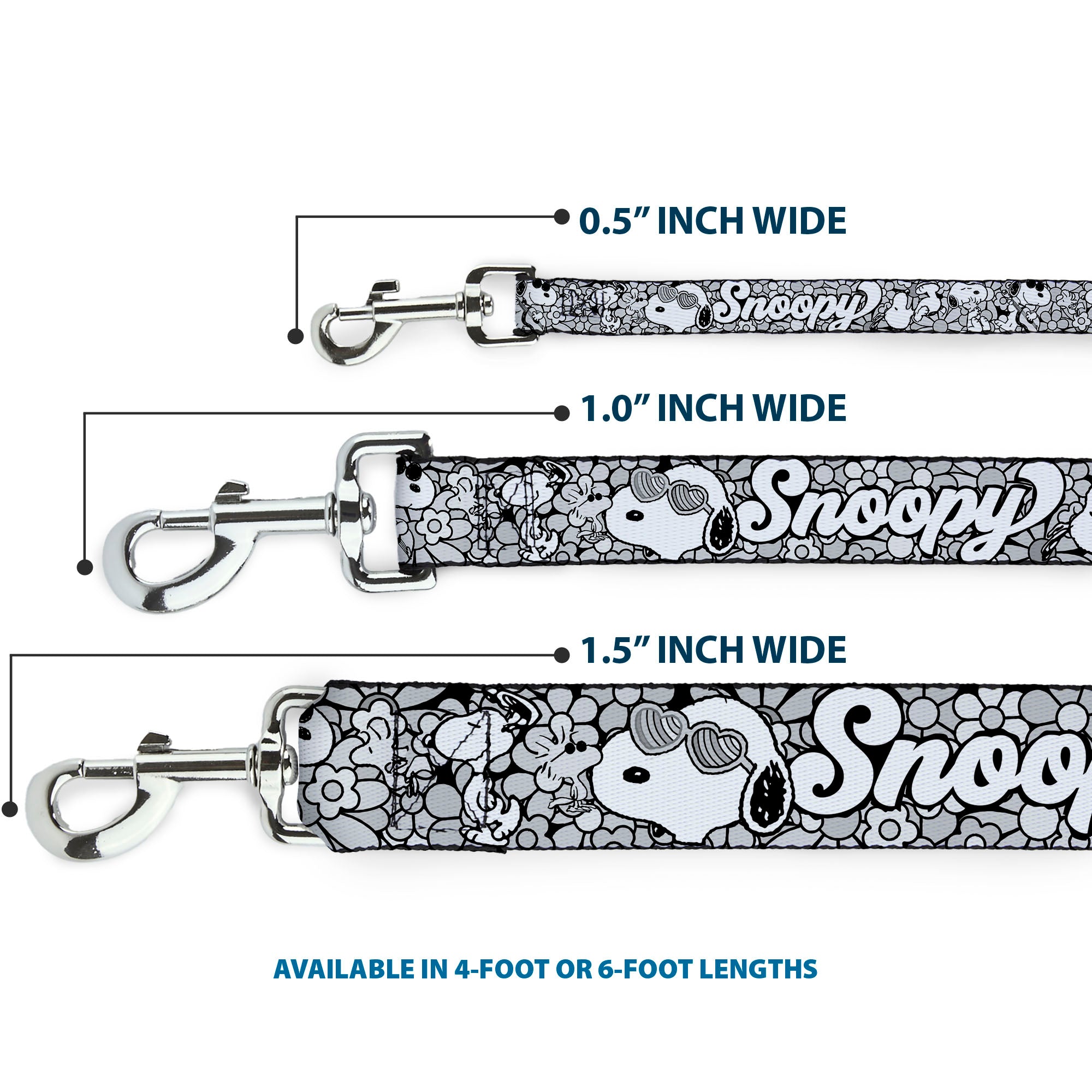 Dog Leash - SNOOPY Poses and Daisy Flowers Collage Black/Grays/White Dog Leashes Peanuts