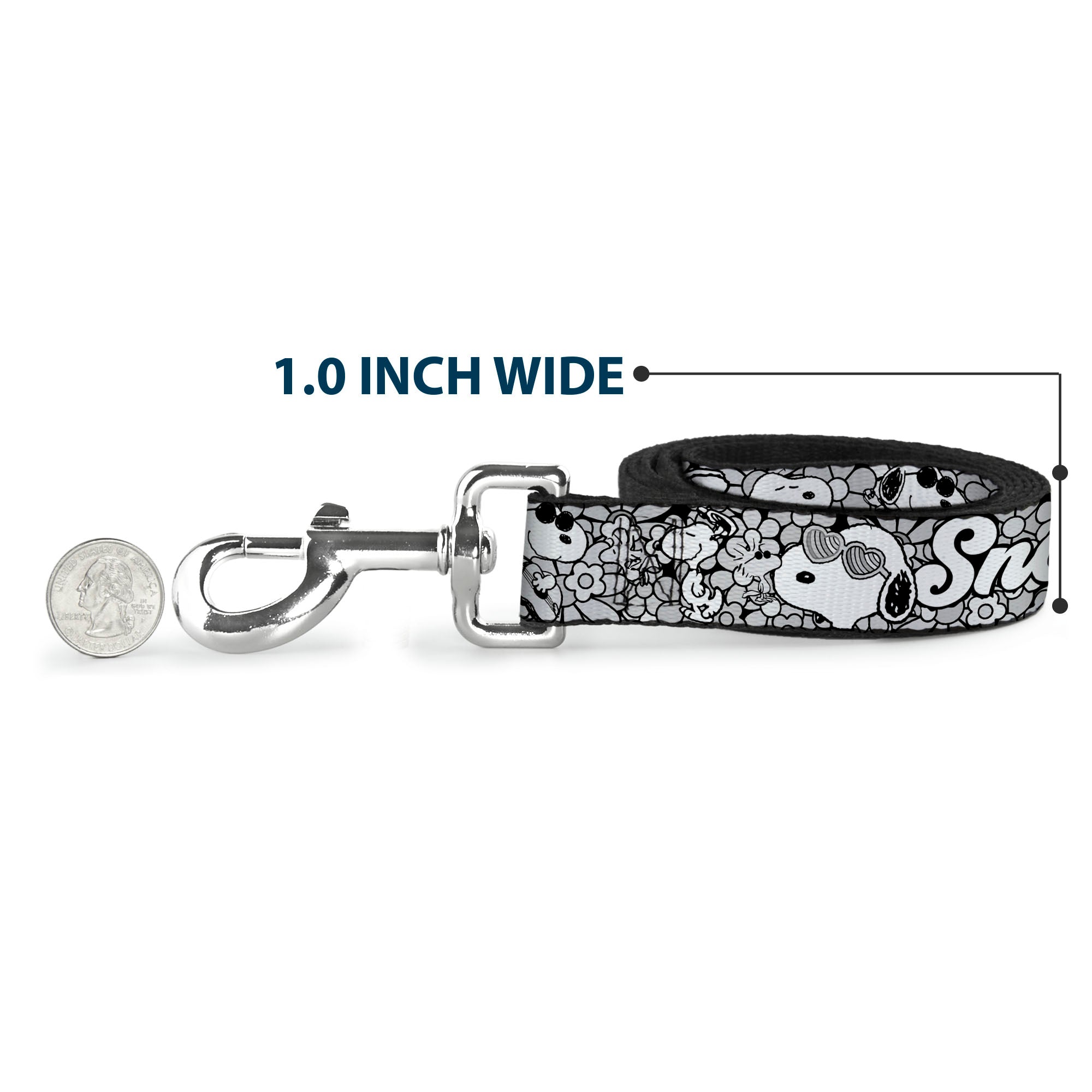 Dog Leash - SNOOPY Poses and Daisy Flowers Collage Black/Grays/White Dog Leashes Peanuts