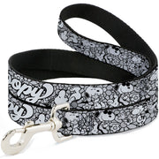 Dog Leash - SNOOPY Poses and Daisy Flowers Collage Black/Grays/White Dog Leashes Peanuts