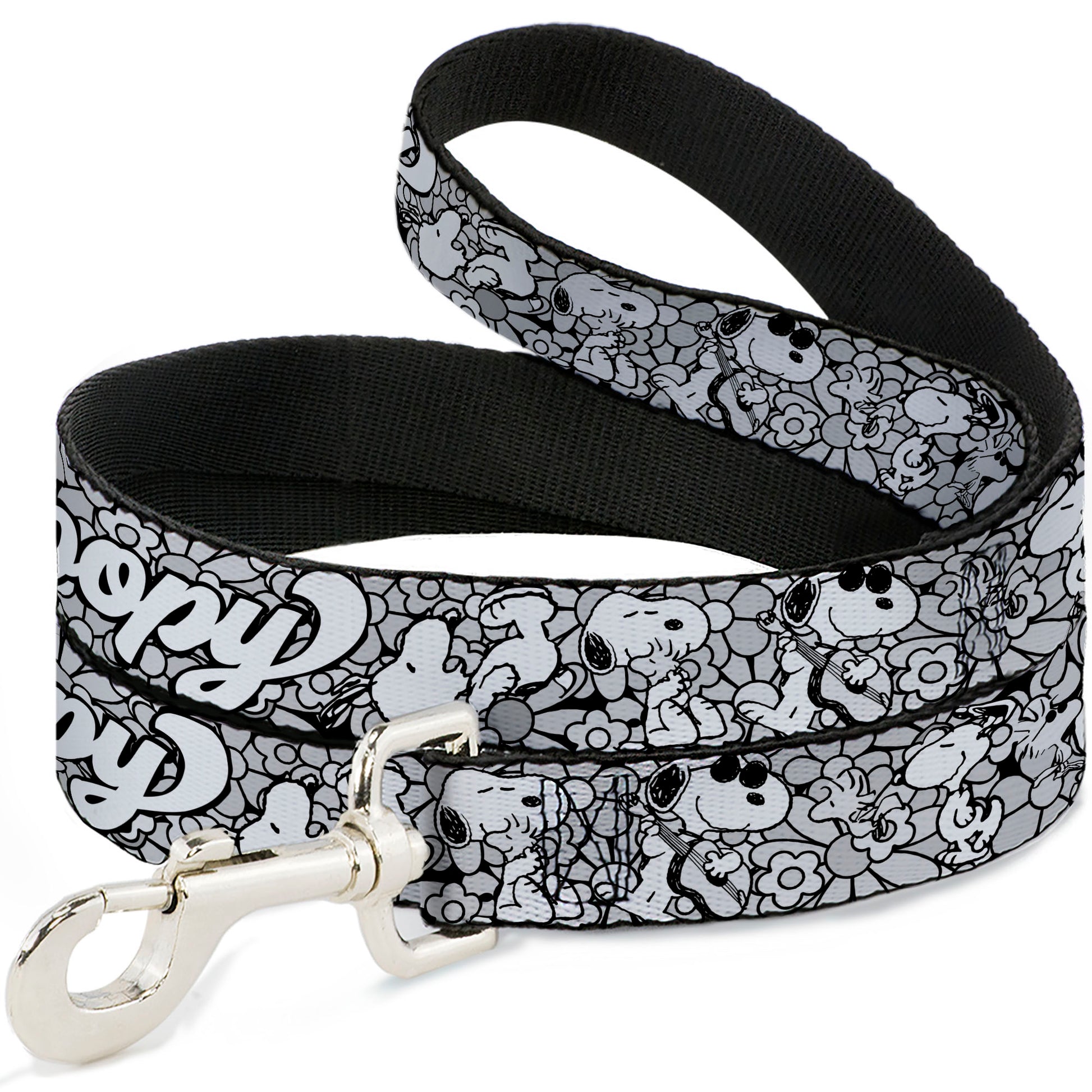 Dog Leash - SNOOPY Poses and Daisy Flowers Collage Black/Grays/White Dog Leashes Peanuts
