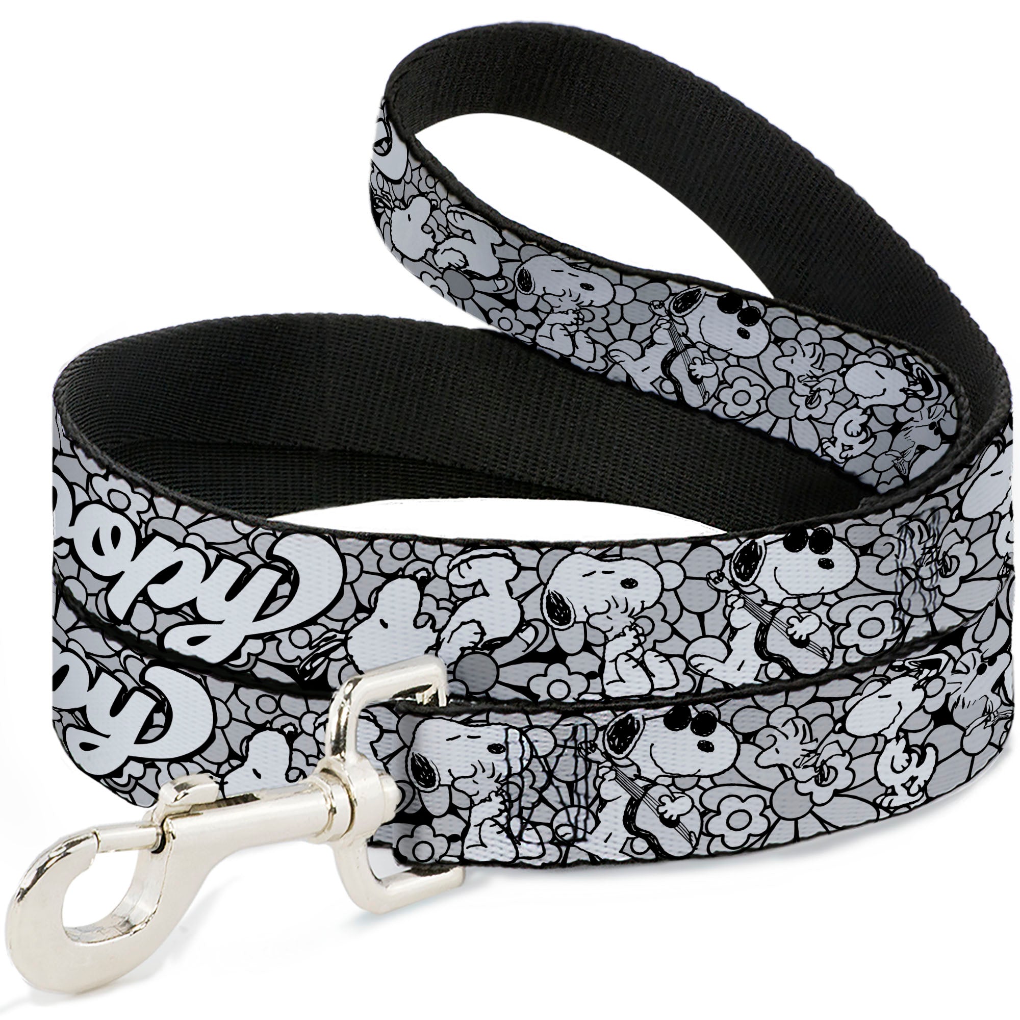Dog Leash - SNOOPY Poses and Daisy Flowers Collage Black/Grays/White Dog Leashes Peanuts
