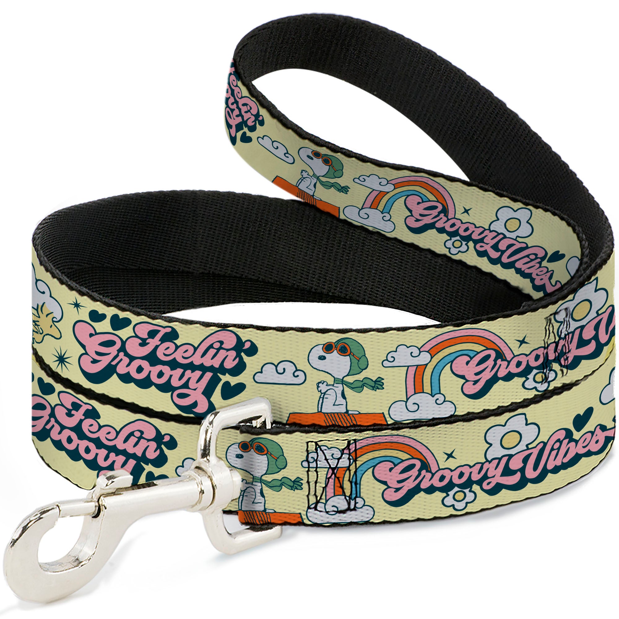 Dog Leash - Peanuts Snoopy Flying Ace and Woodstock GROOVY Quotes Collage Yellow Dog Leashes Peanuts