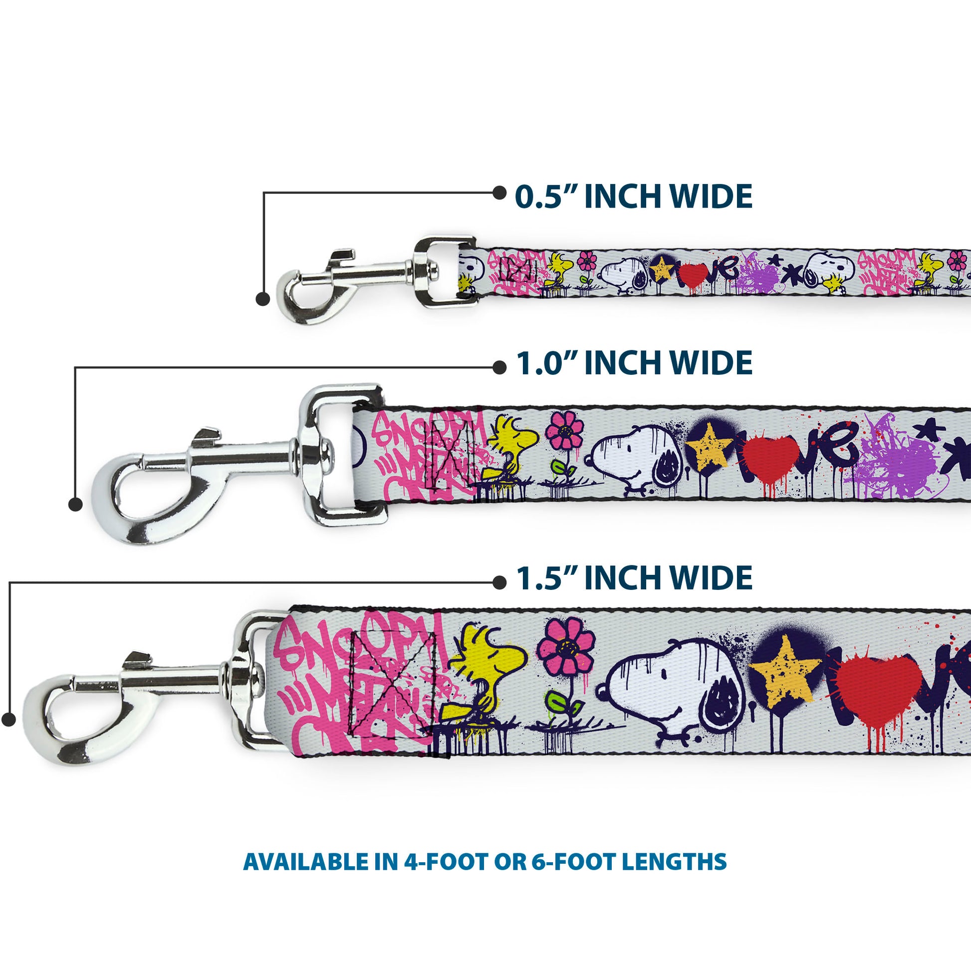 Dog Leash - Peanuts Snoopy and Woodstock Graffiti Collage White/Multi Color Dog Leashes Peanuts