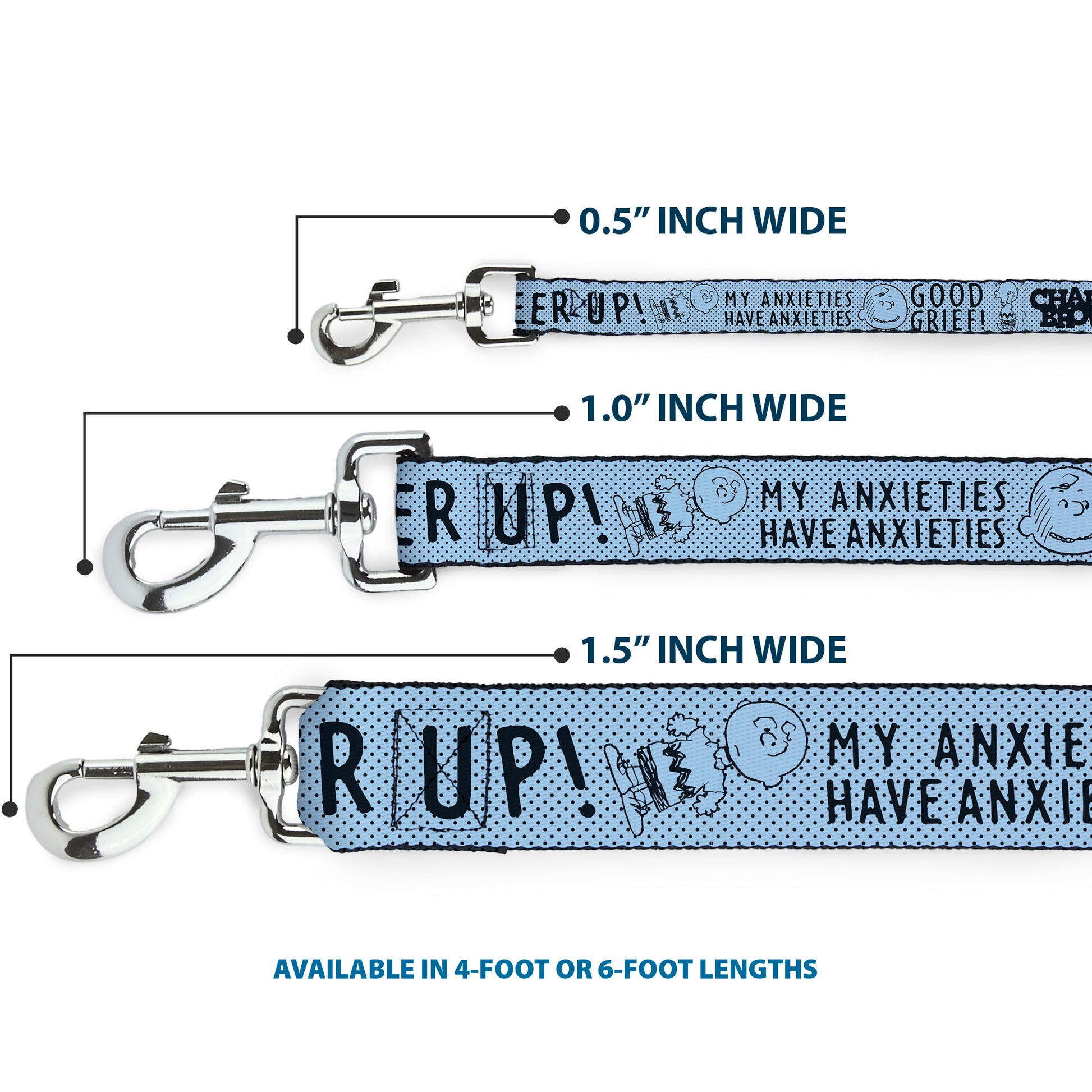 Dog Leash - CHARLIE BROWN Poses and Quotes Light Blue/Black Dog Leashes Peanuts