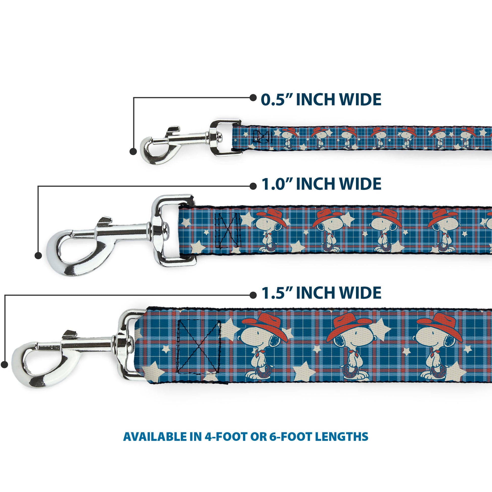 Dog Leash - Peanuts Cowboy Snoopy Americana Plaid Blues/White/Reds Dog Leashes Peanuts