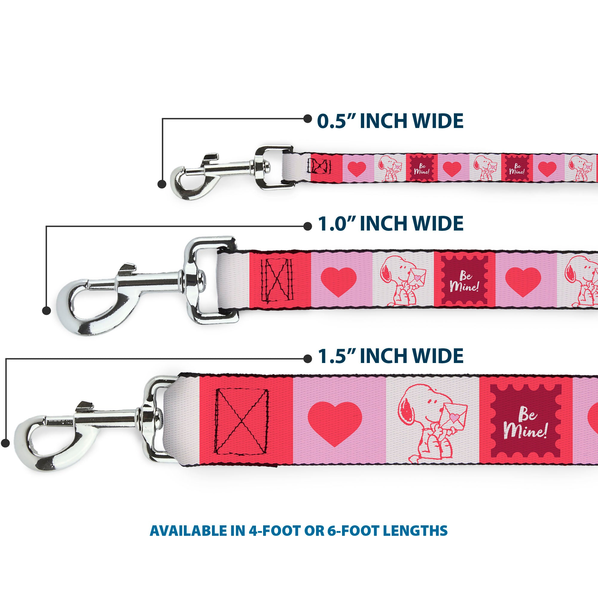 Dog Leash - Peanuts Snoopy BE MINE Valentine Pose and Icons Blocks White/Reds/Pinks Dog Leashes Peanuts