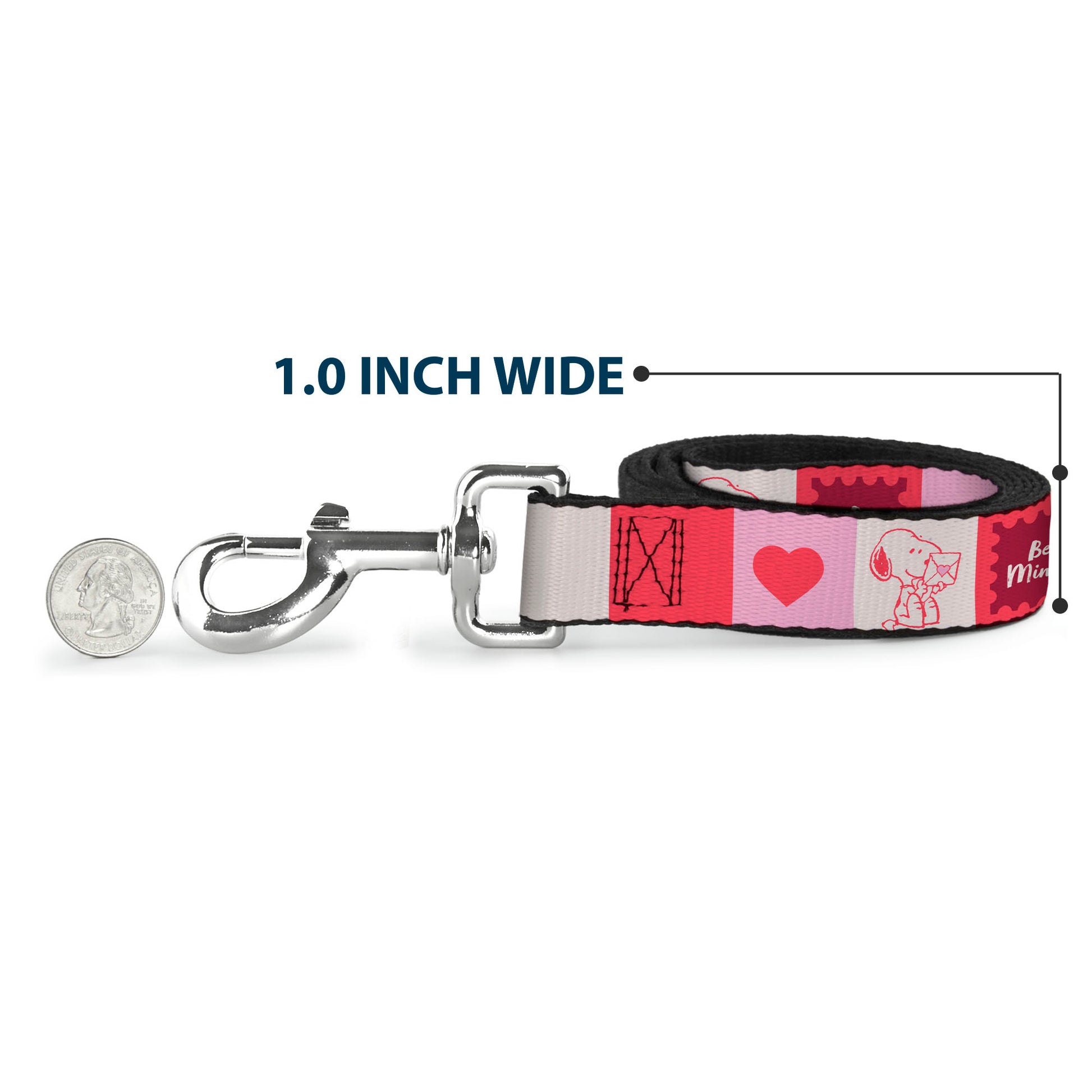Dog Leash - Peanuts Snoopy BE MINE Valentine Pose and Icons Blocks White/Reds/Pinks Dog Leashes Peanuts