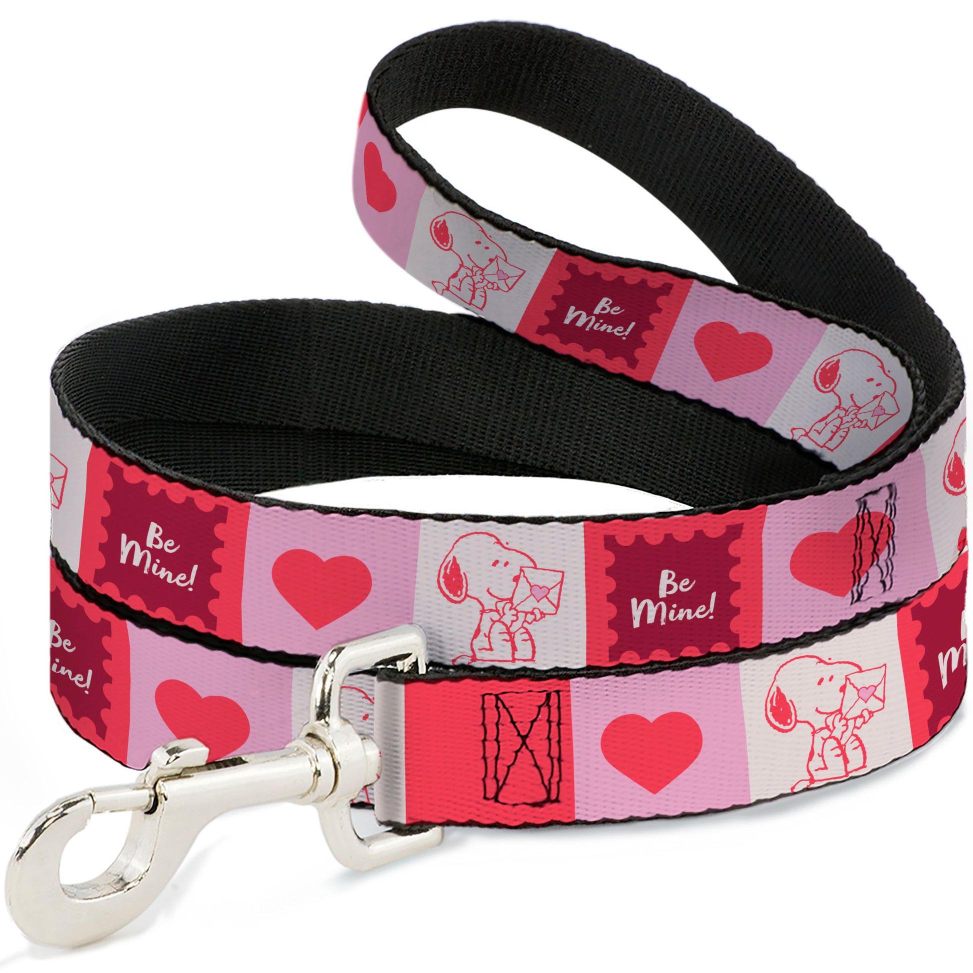 Dog Leash - Peanuts Snoopy BE MINE Valentine Pose and Icons Blocks White/Reds/Pinks Dog Leashes Peanuts