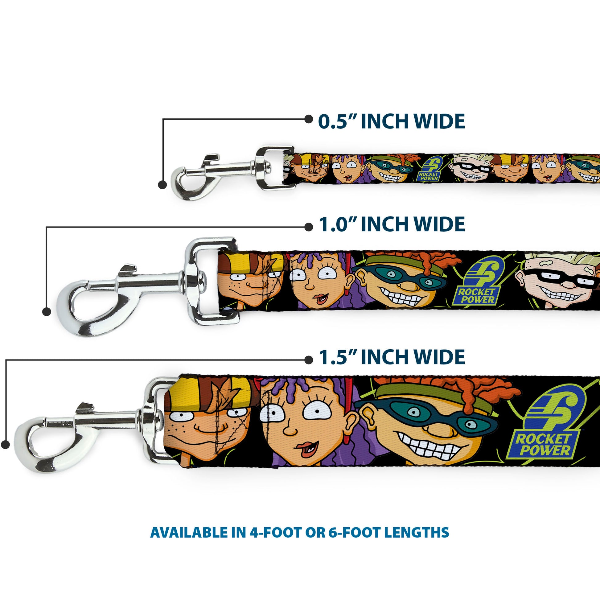 Dog Leash - ROCKET POWER RP Logo/4-Character Faces CLOSE-UP Black/Green/Blue Dog Leashes Rocket Power