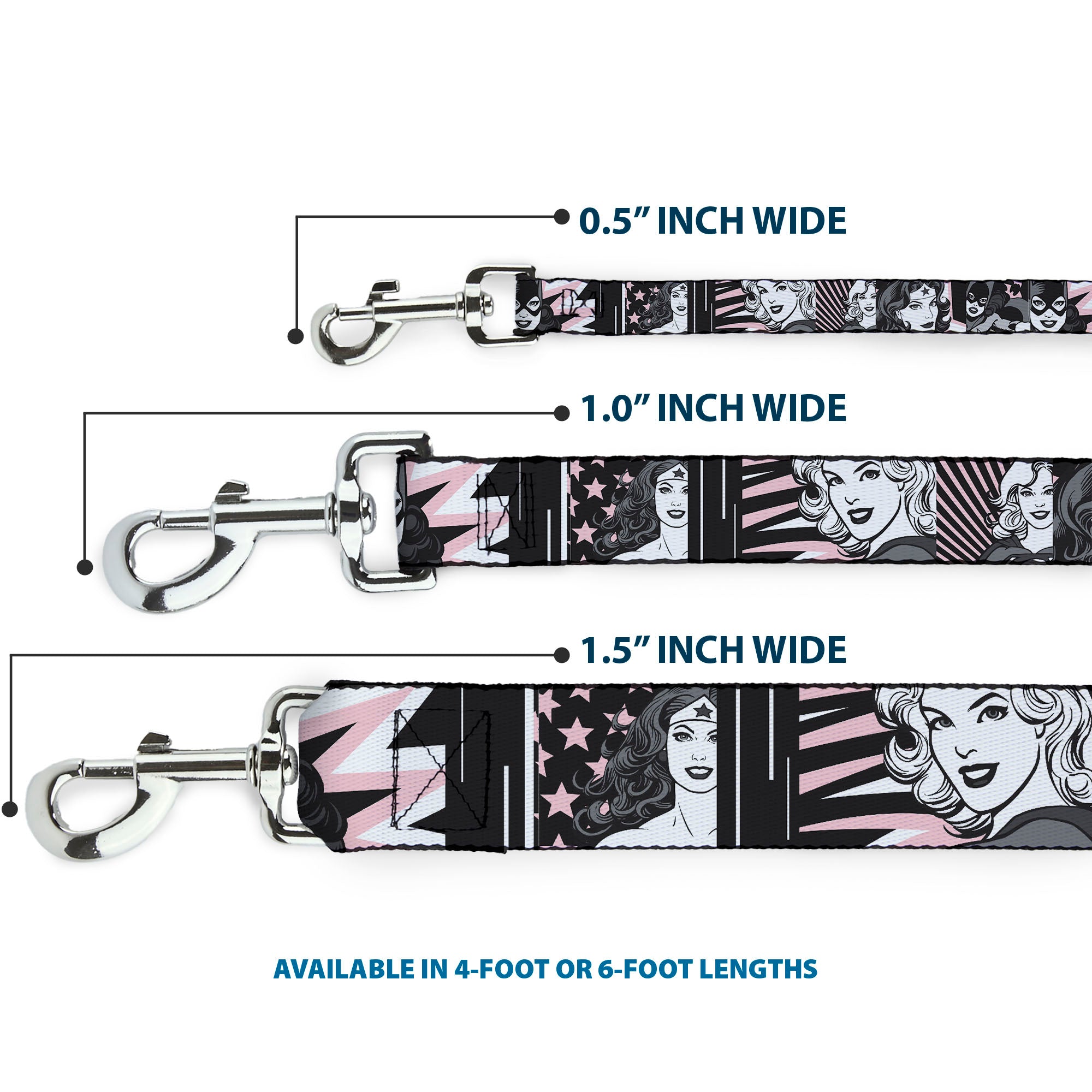 Dog Leash - Batgirl/Wonder Woman/Supergirl Retro Panels Black/Pink/White Dog Leashes DC Comics