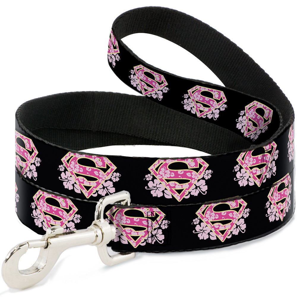Dog Leash - Super Shield Hibiscus Design Black/Pink Dog Leashes DC Comics