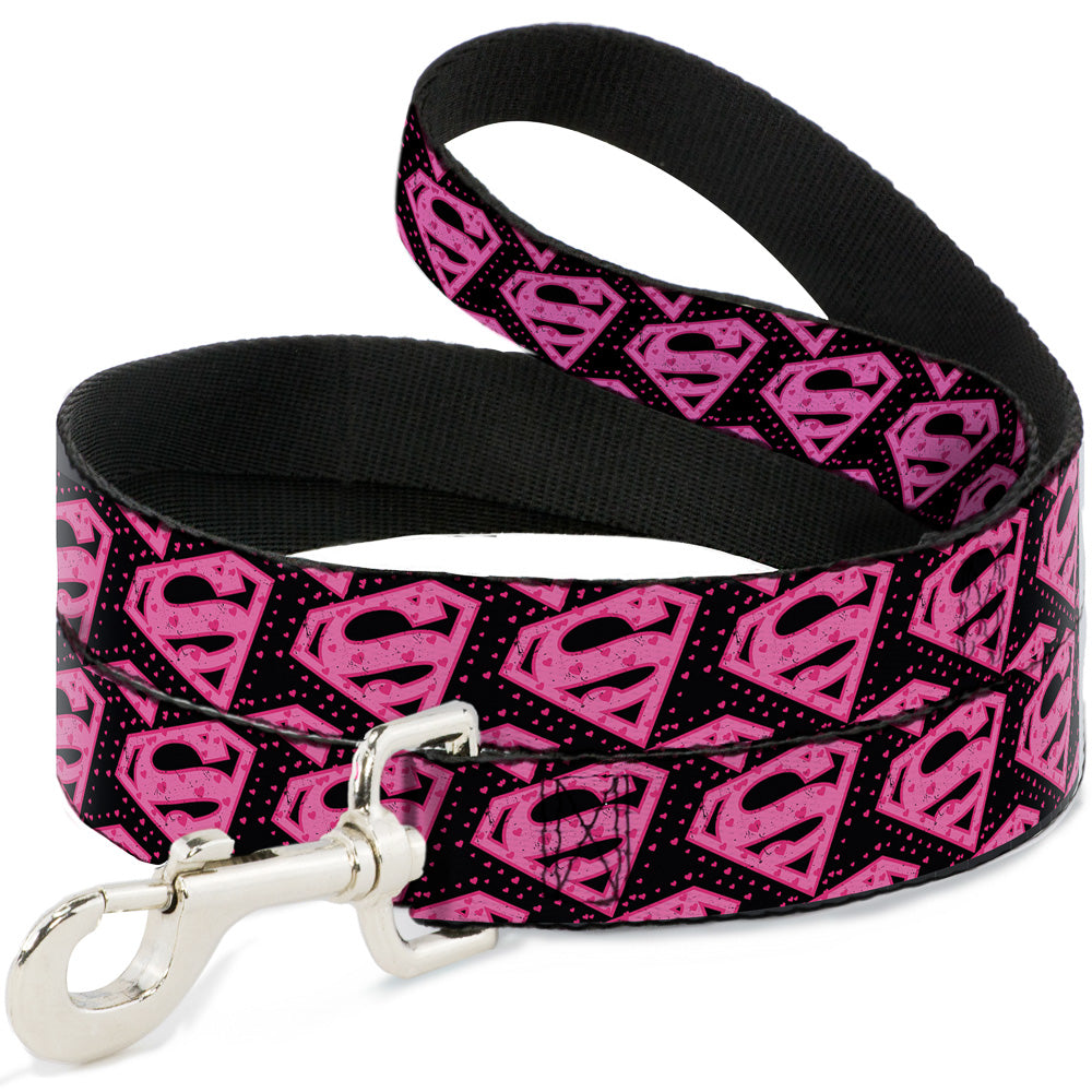 Dog Leash - Diagonal Superman Logo w/Hearts Black/Pink Dog Leashes DC Comics