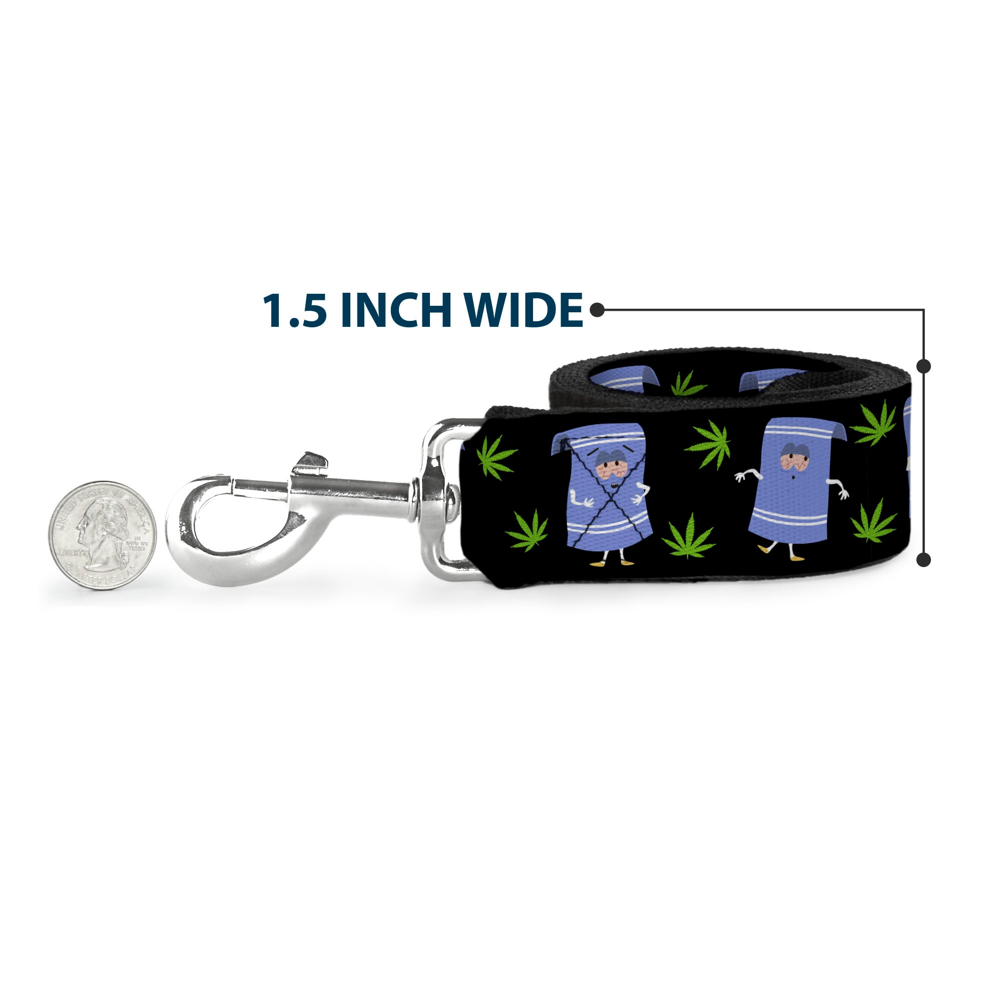 Dog Leash - South Park Towlie and Scattered Pot Leaves Black Dog Leashes South Park