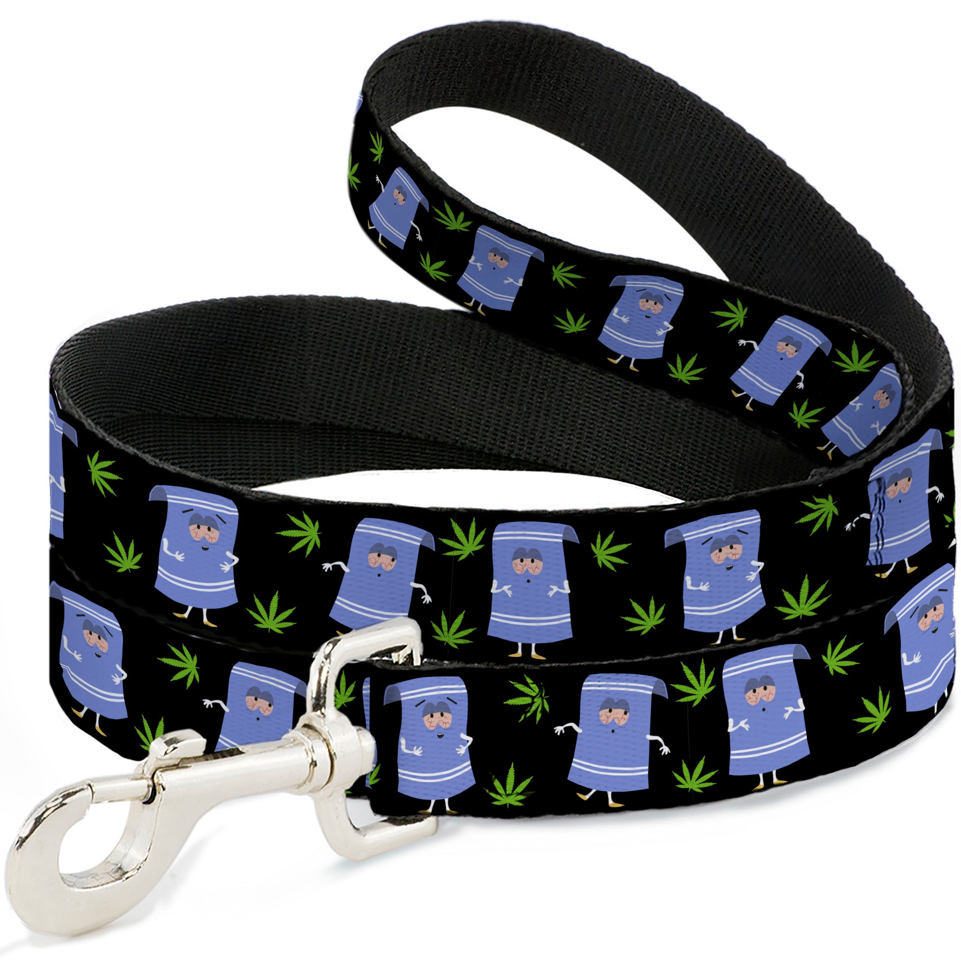 Dog Leash - South Park Towlie and Scattered Pot Leaves Black Dog Leashes South Park