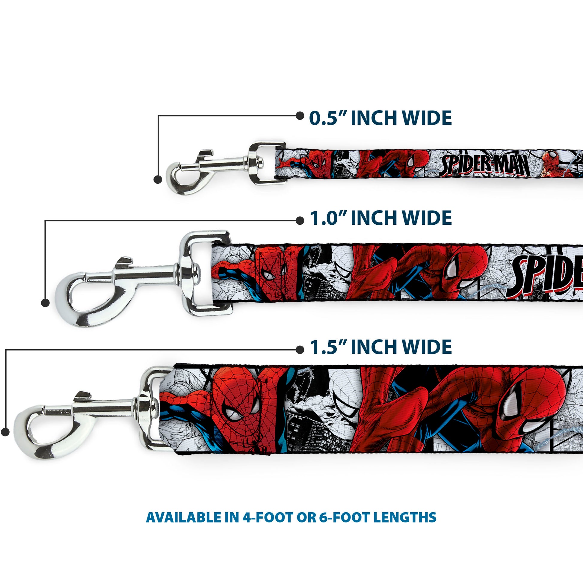 Dog Leash - SPIDER-MAN Action Poses/Comic Scenes White/Black/Red Dog Leashes Marvel Comics