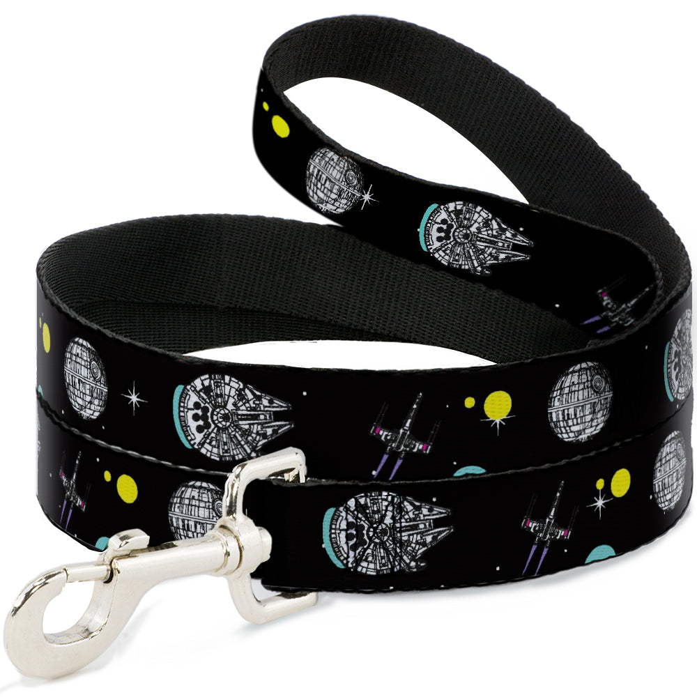 Dog Leash - Star Wars Death Star Millennium Falcon and X-Wing Fighter in Space Black Dog Leashes Star Wars