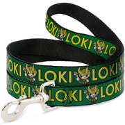 Dog Leash - Kawaii LOKI Standing Pose/Text Green/Yellow Dog Leashes Marvel Comics